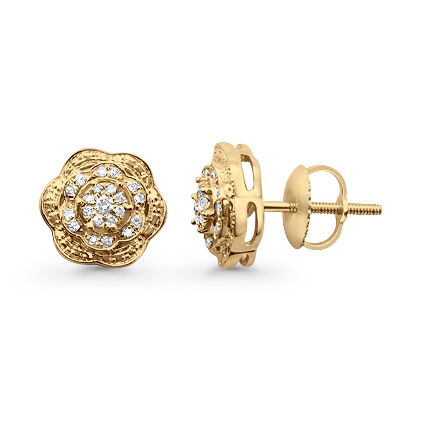 Solid 10K Yellow Gold 8.8mm Flower Shaped Round Pave Diamond Stud Earring Wholesale