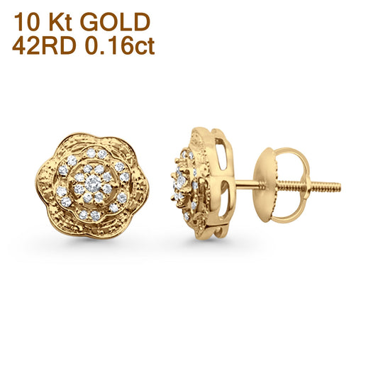 Solid 10K Yellow Gold 8.8mm Flower Shaped Round Pave Diamond Stud Earring Wholesale