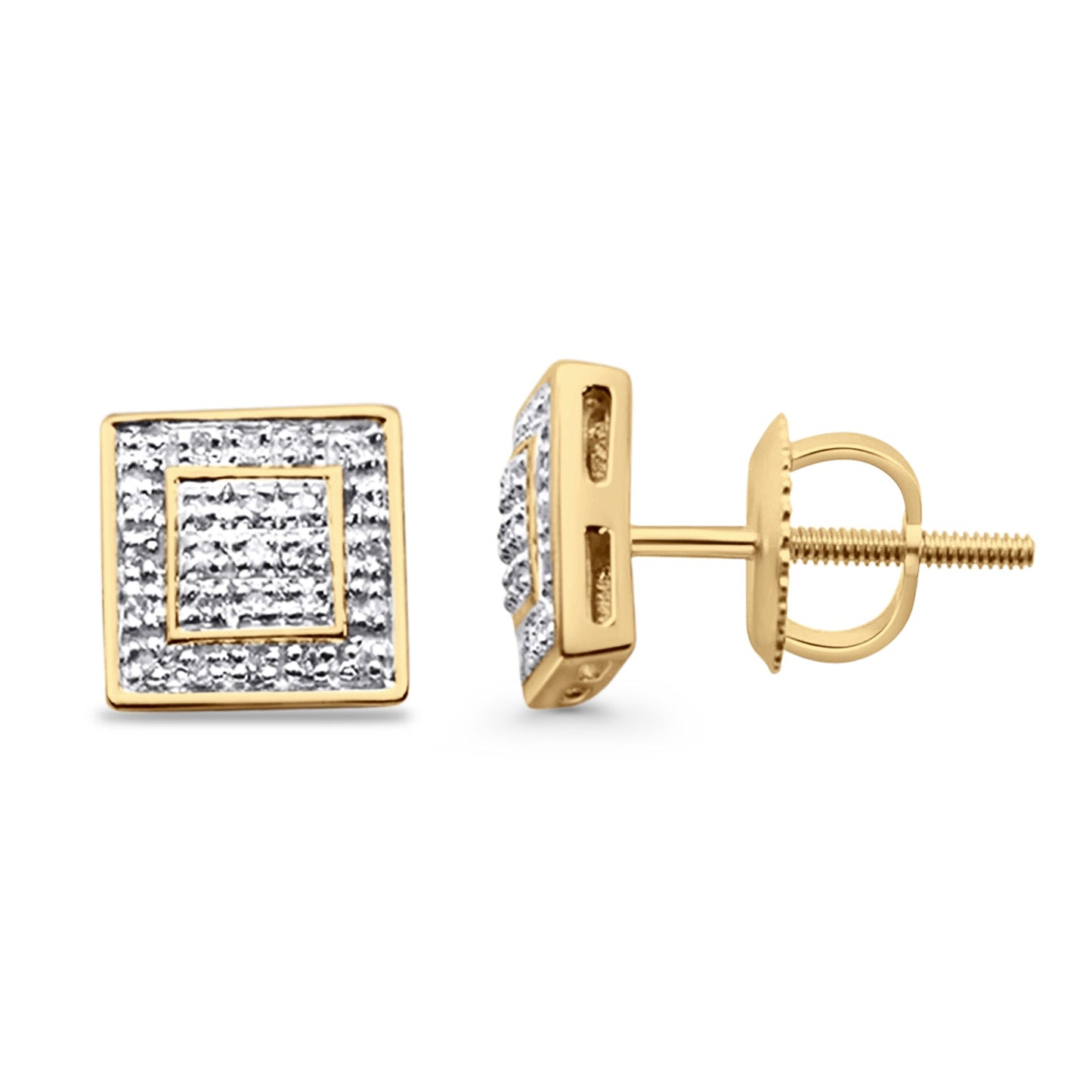 Solid 10K Yellow Gold 8mm Ice Square Shaped Pave Round Diamond Stud Earrings Wholesale