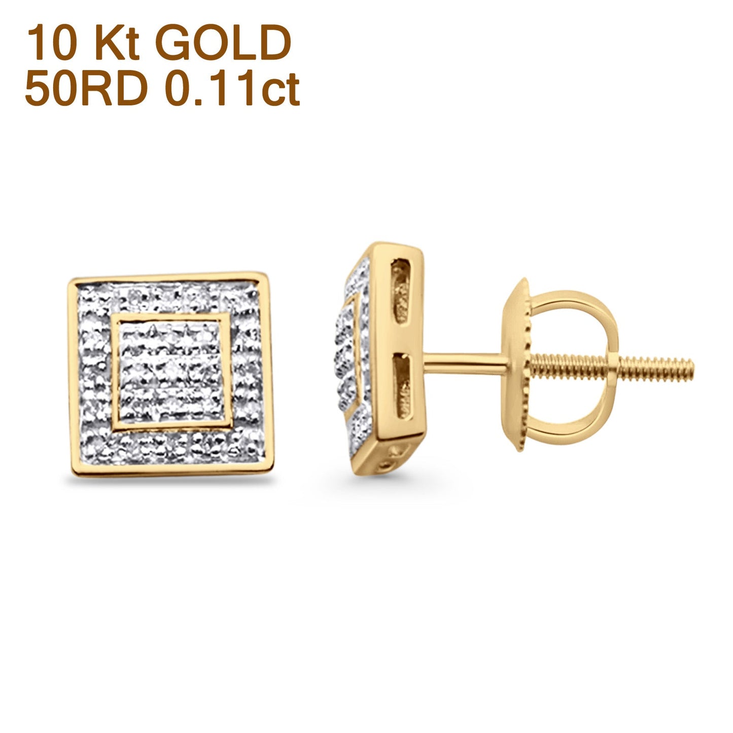 Solid 10K Yellow Gold 8mm Ice Square Shaped Pave Round Diamond Stud Earrings Wholesale