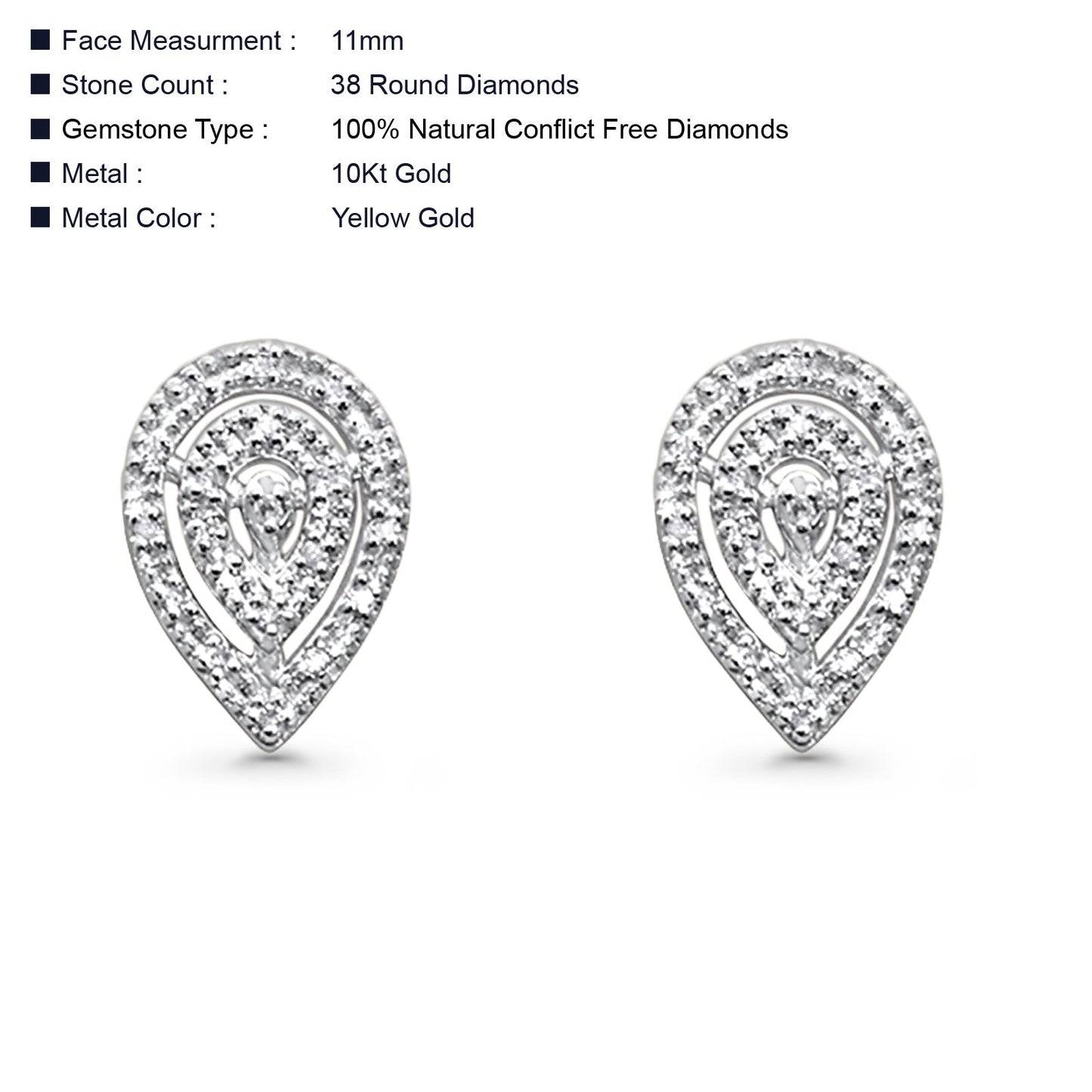 Solid 10K Yellow Gold 11mm Pear Shaped Round Pave Diamond Stud Earrings Wholesale