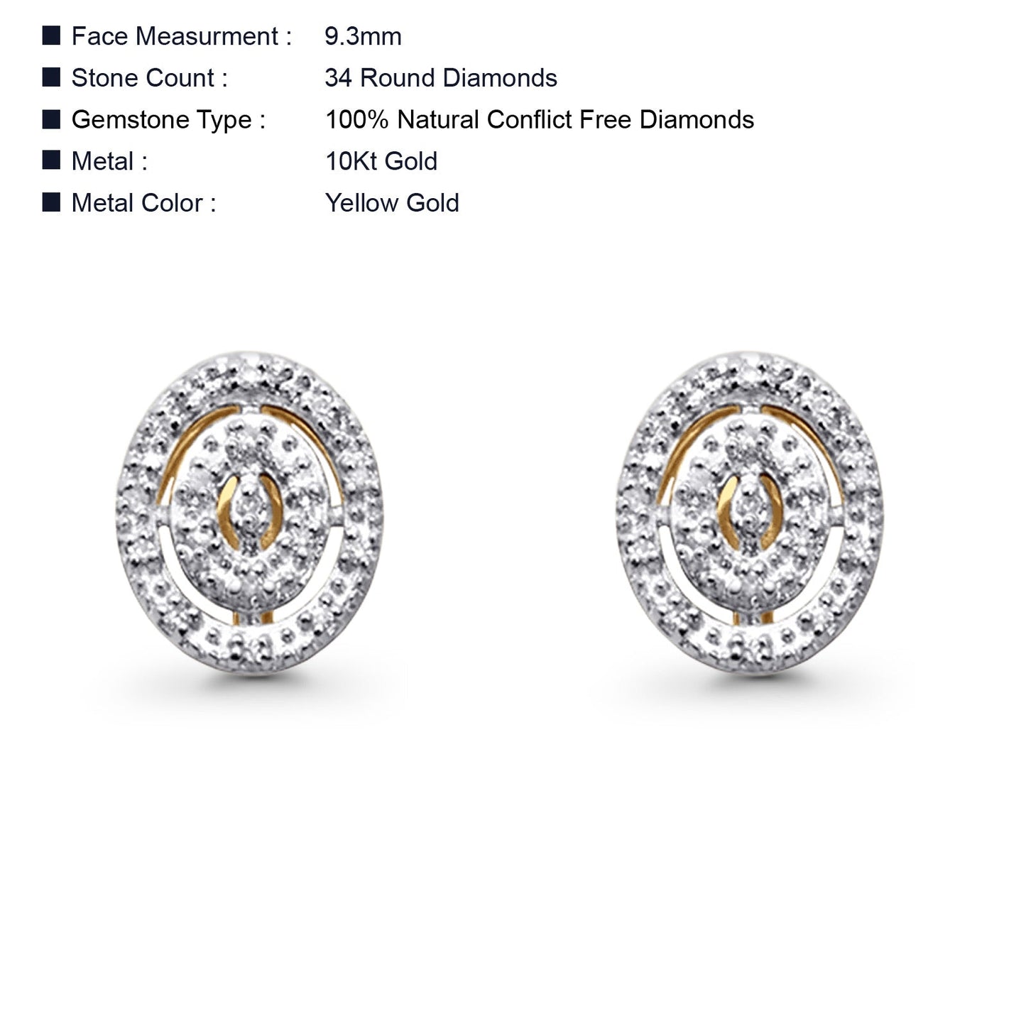 Solid 10K Yellow Gold 9.3mm Round Shaped Pave Diamond Stud Earrings Wholesale