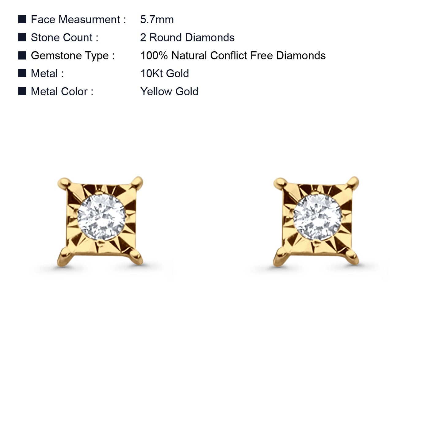 Solid 10K Yellow Gold 5.7mm Accent Square Shaped Round Diamond Stud Earrings Wholesale