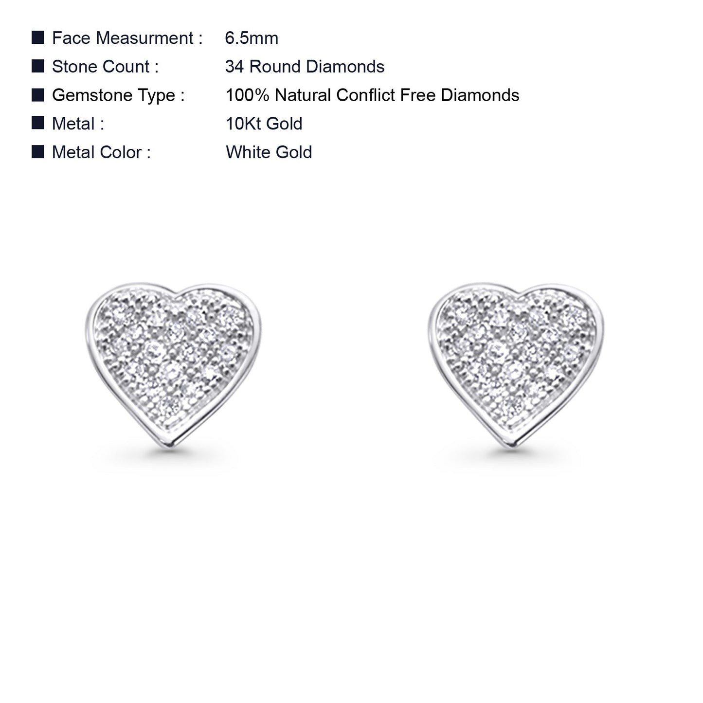 Solid 10K White Gold 6.5mm Heart Shaped Round Diamond Stud Earrings Wholesale