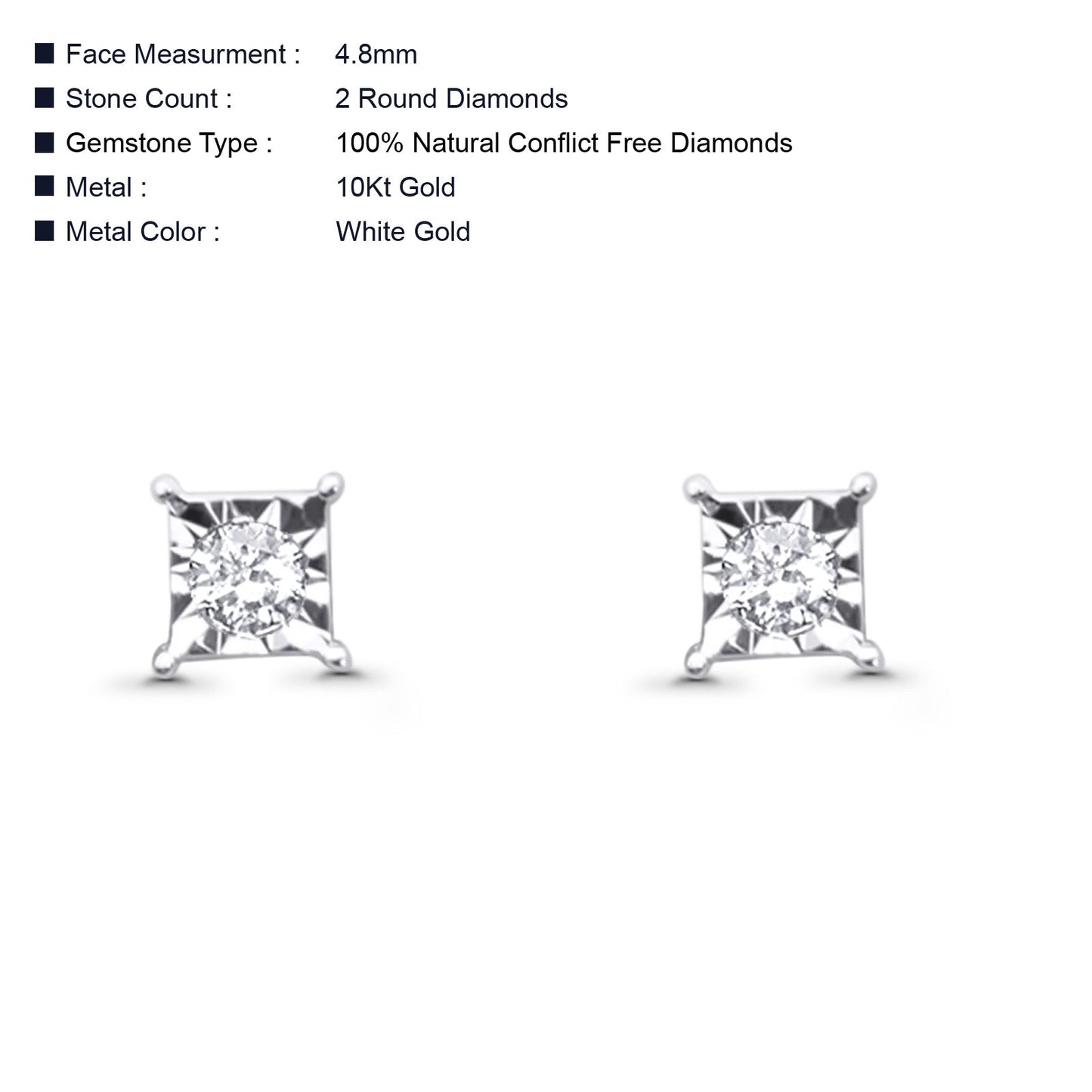 Solid 10K White Gold 4.8mm Square Shaped Solitaire Round Diamond Stud Earrings Wholesale