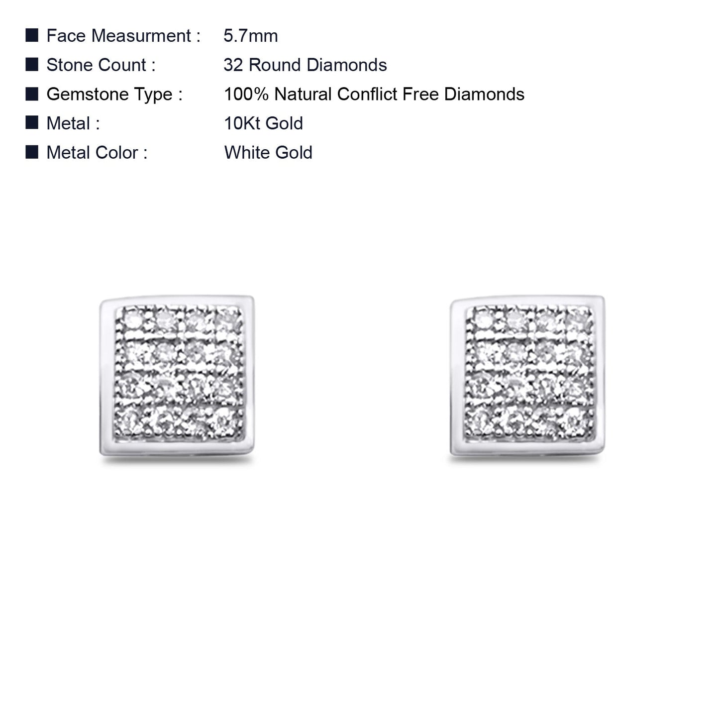 Solid 10K White Gold 5.7mm Square Shaped Round Diamond Stud Earrings Wholesale