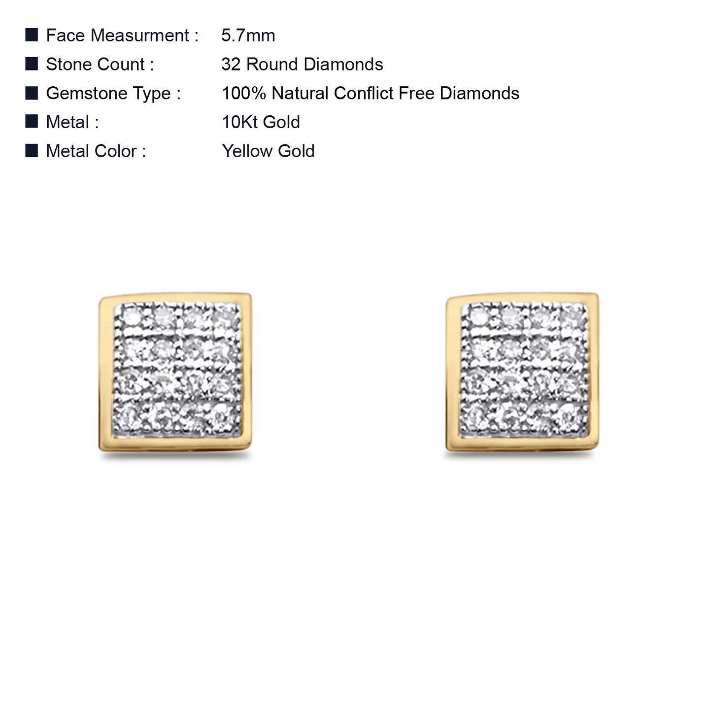 Solid 10K Yellow Gold 5.7mm Square Shaped Round Diamond Stud Earrings Wholesale