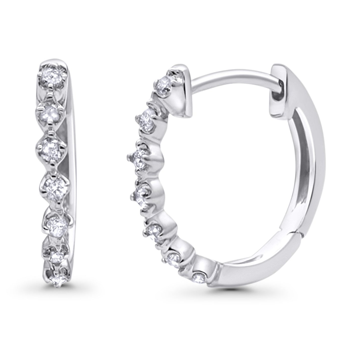 Solid 10K White Gold 11.4mm Round Milgrain Diamond Huggie Hoop Earrings Wholesale