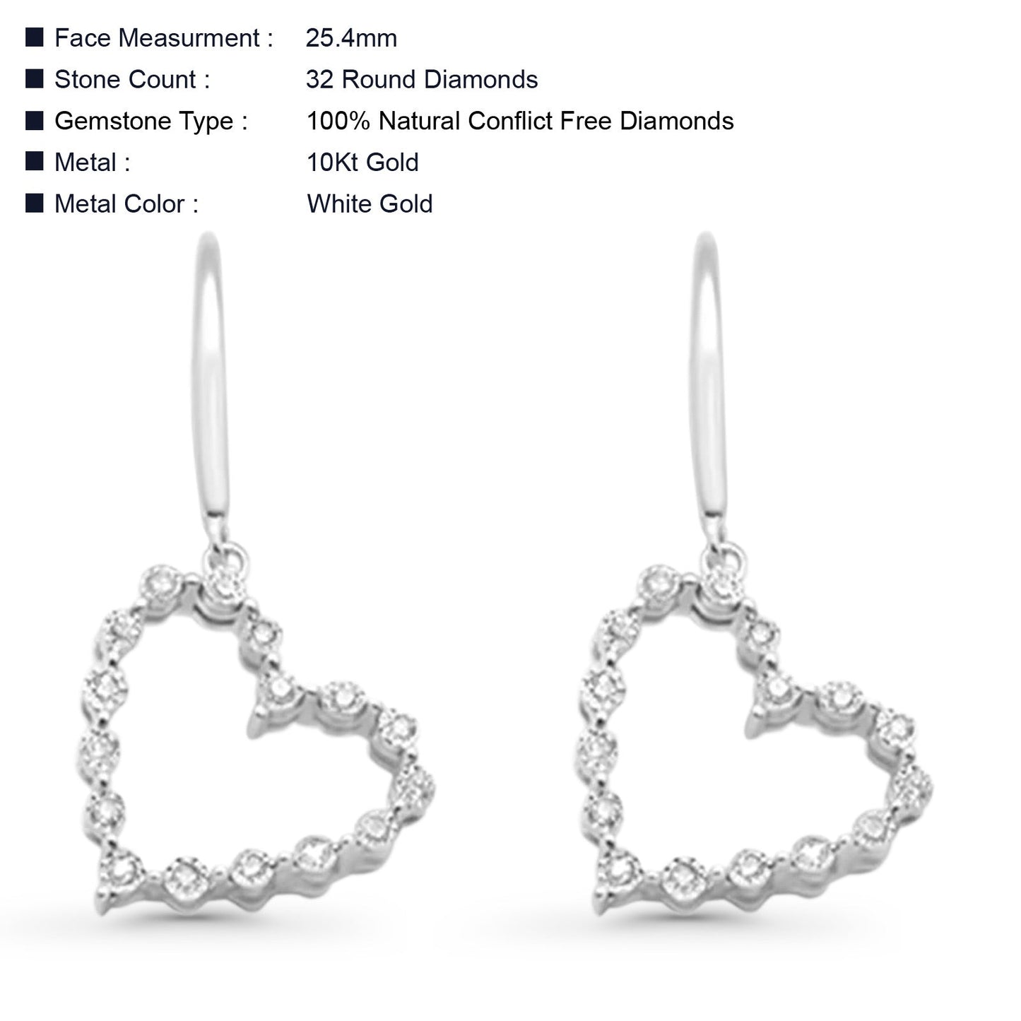 Solid 10K White Gold 25.4mm Heart Diamond Hoop Dangle Earrings Wholesale