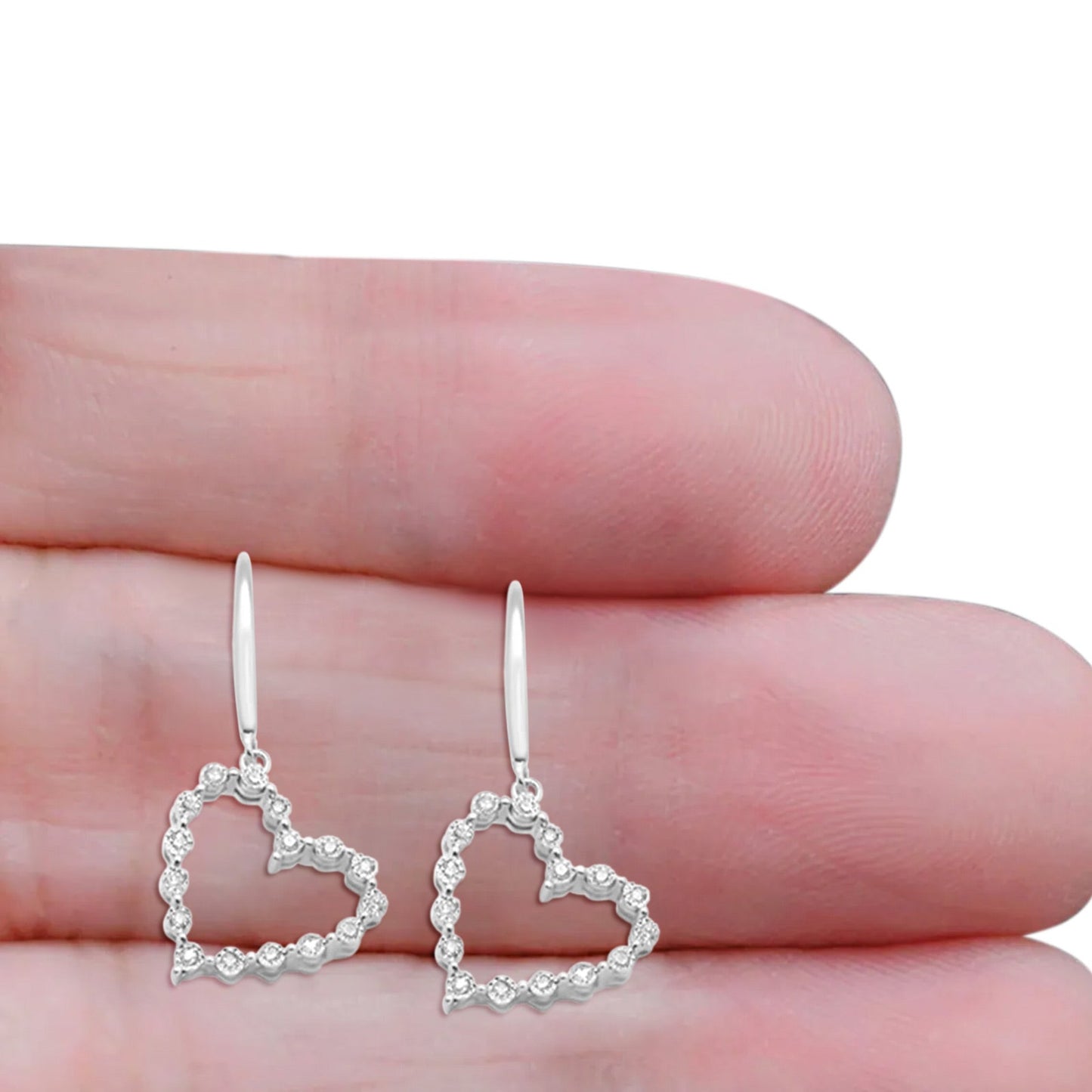 Solid 10K White Gold 25.4mm Heart Diamond Hoop Dangle Earrings Wholesale