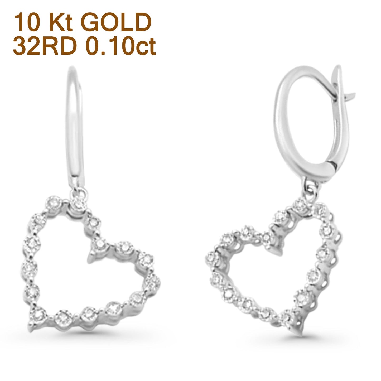 Solid 10K White Gold 25.4mm Heart Diamond Hoop Dangle Earrings Wholesale