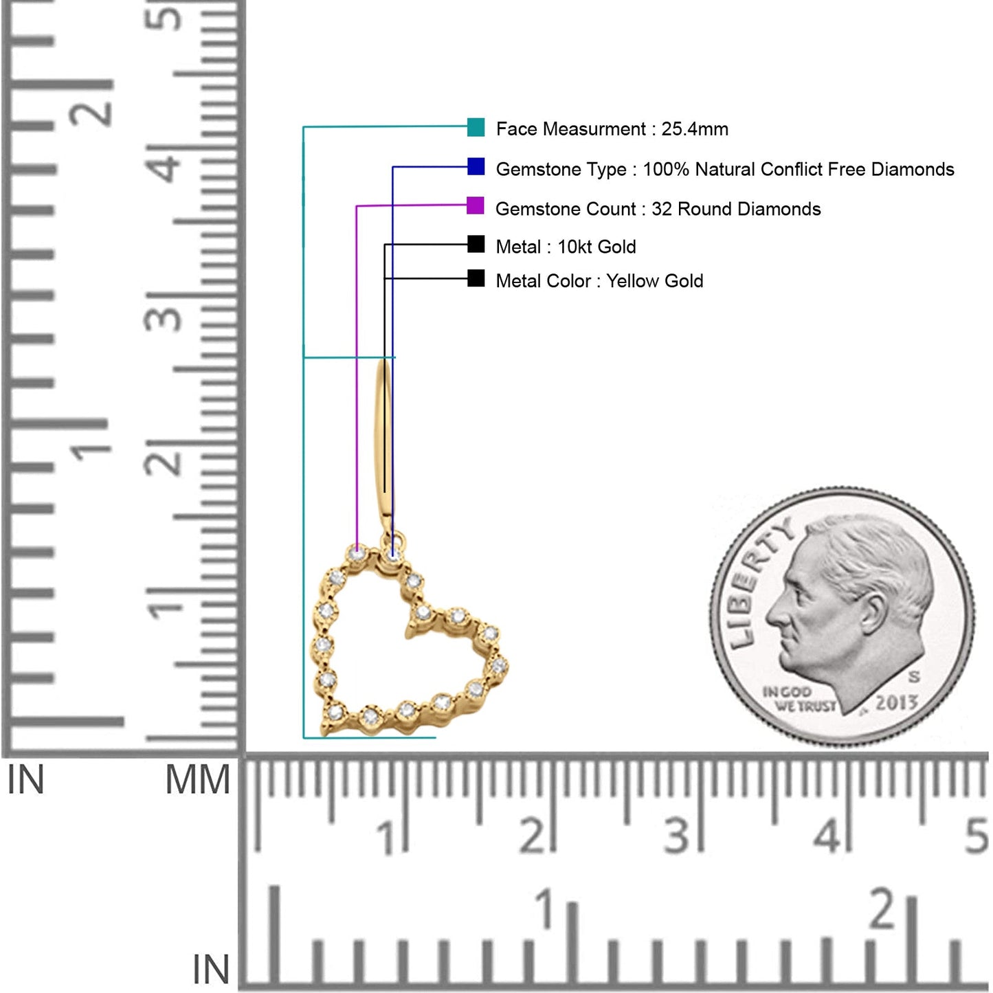 Solid 10K Yellow Gold 25.4mm Heart Diamond Hoop Dangle Earrings Wholesale