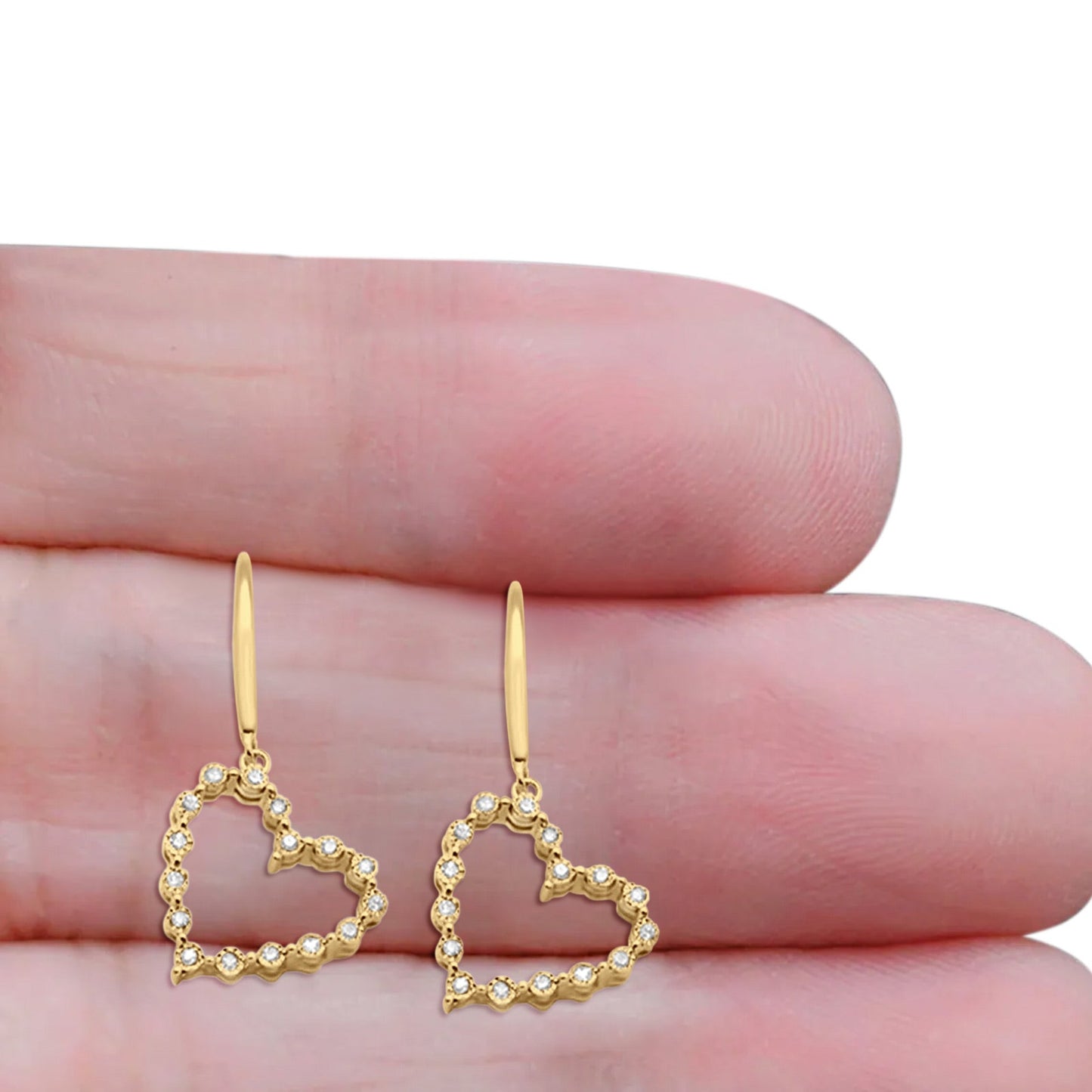 Solid 10K Yellow Gold 25.4mm Heart Diamond Hoop Dangle Earrings Wholesale