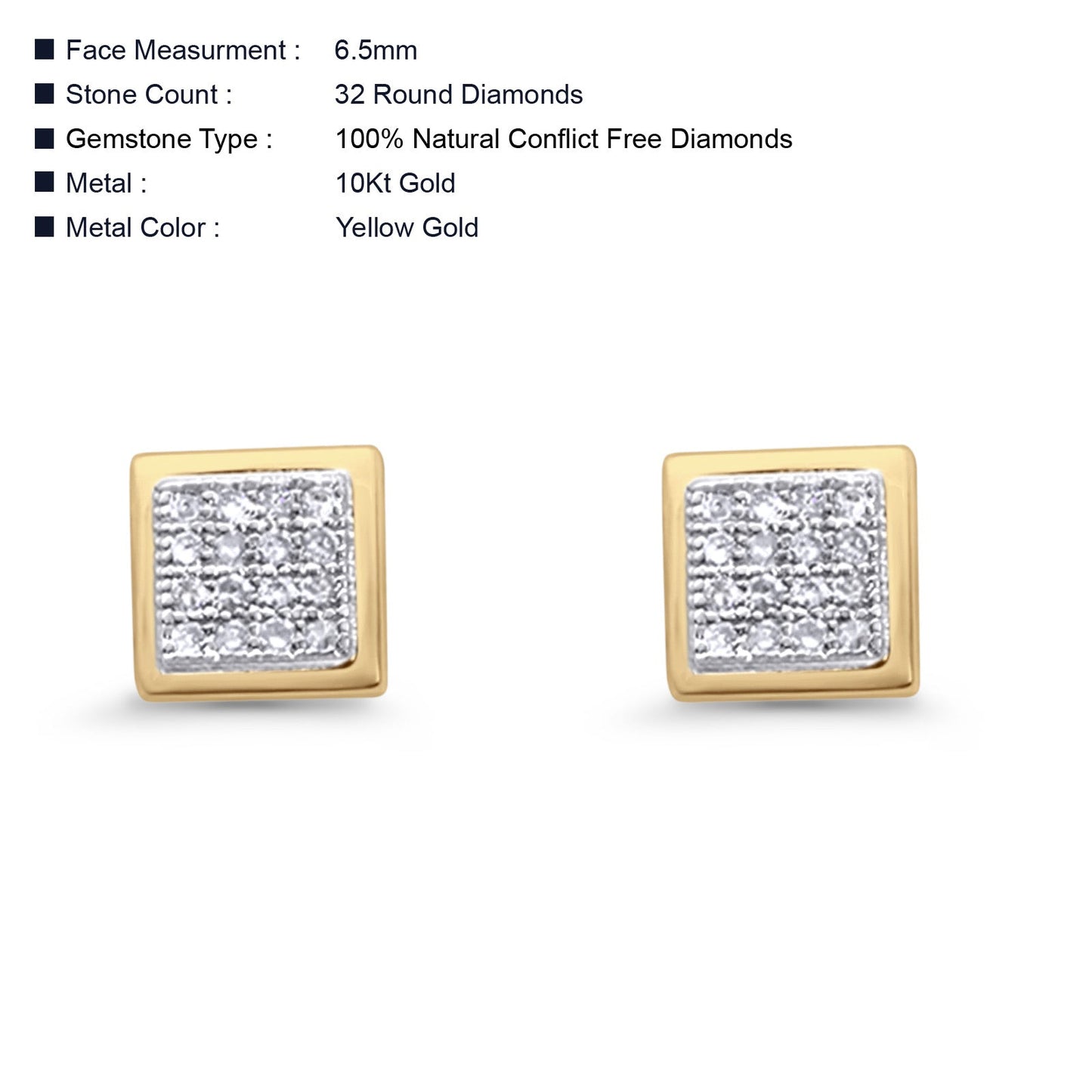 Solid 10K Yellow Gold 6.5mm Square Shaped Cluster Round Diamond Stud Earrings Wholesale