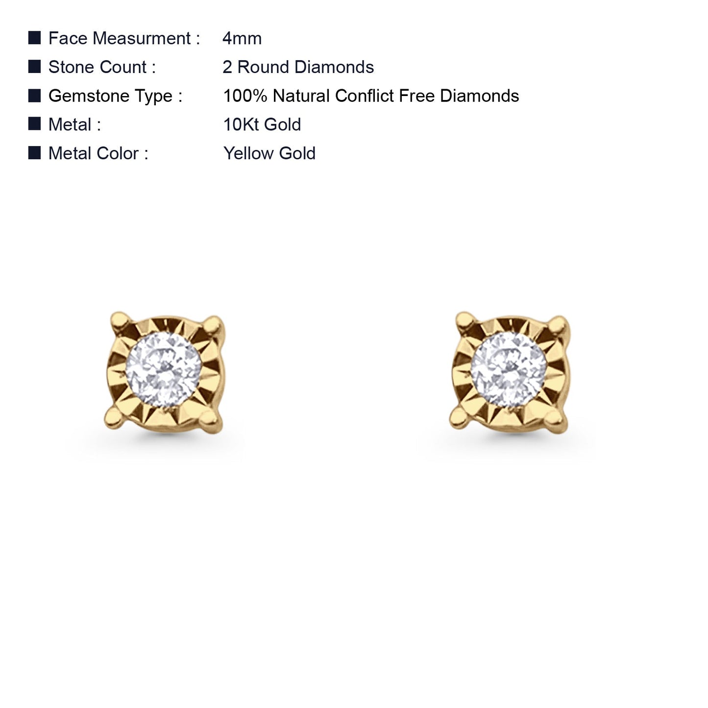 Solid 10K Yellow Gold 4mm Square Shaped Pave Round Diamond Stud Earring Wholesale