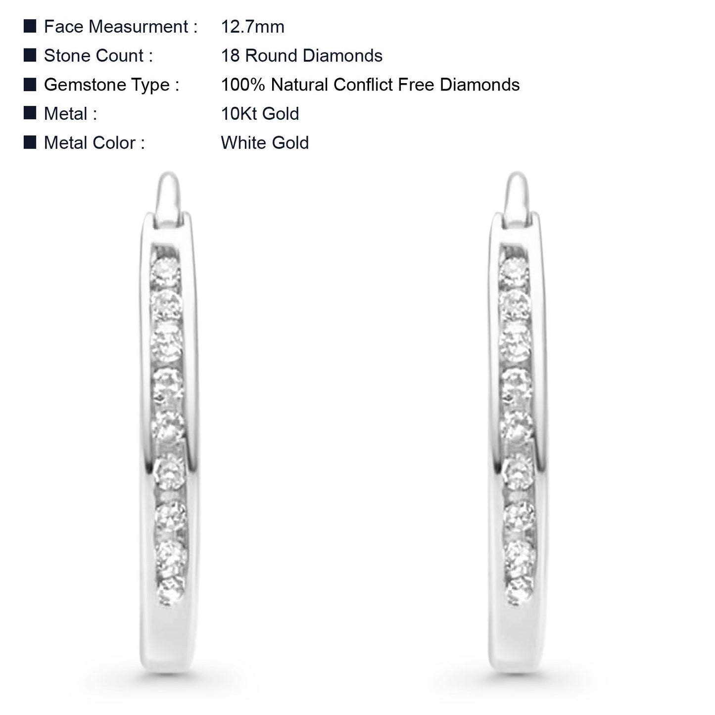 Solid 10K White Gold 12.7mm Round Diamond Huggie Hoop Earrings Wholesale