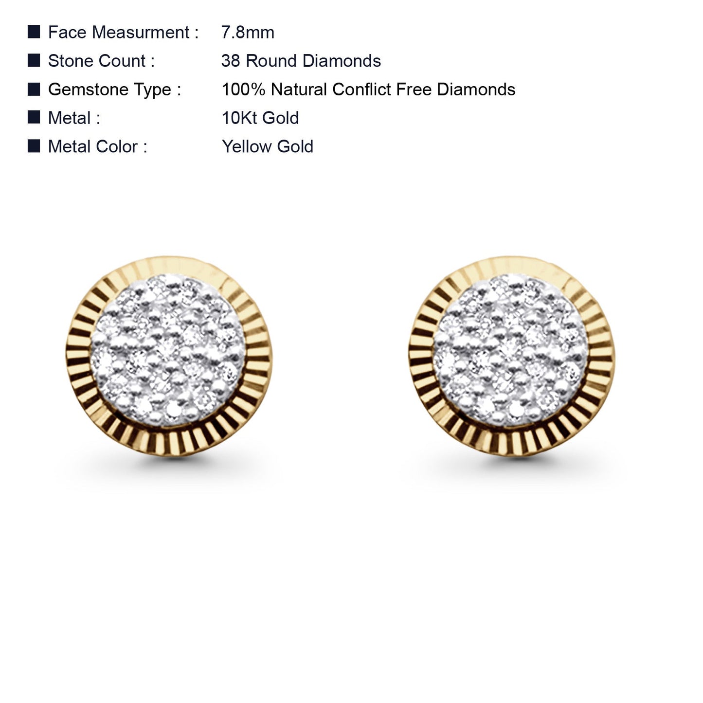 Solid 10K Yellow Gold 7.8mm Round Hip Hop Diamond Stud Earrings Wholesale