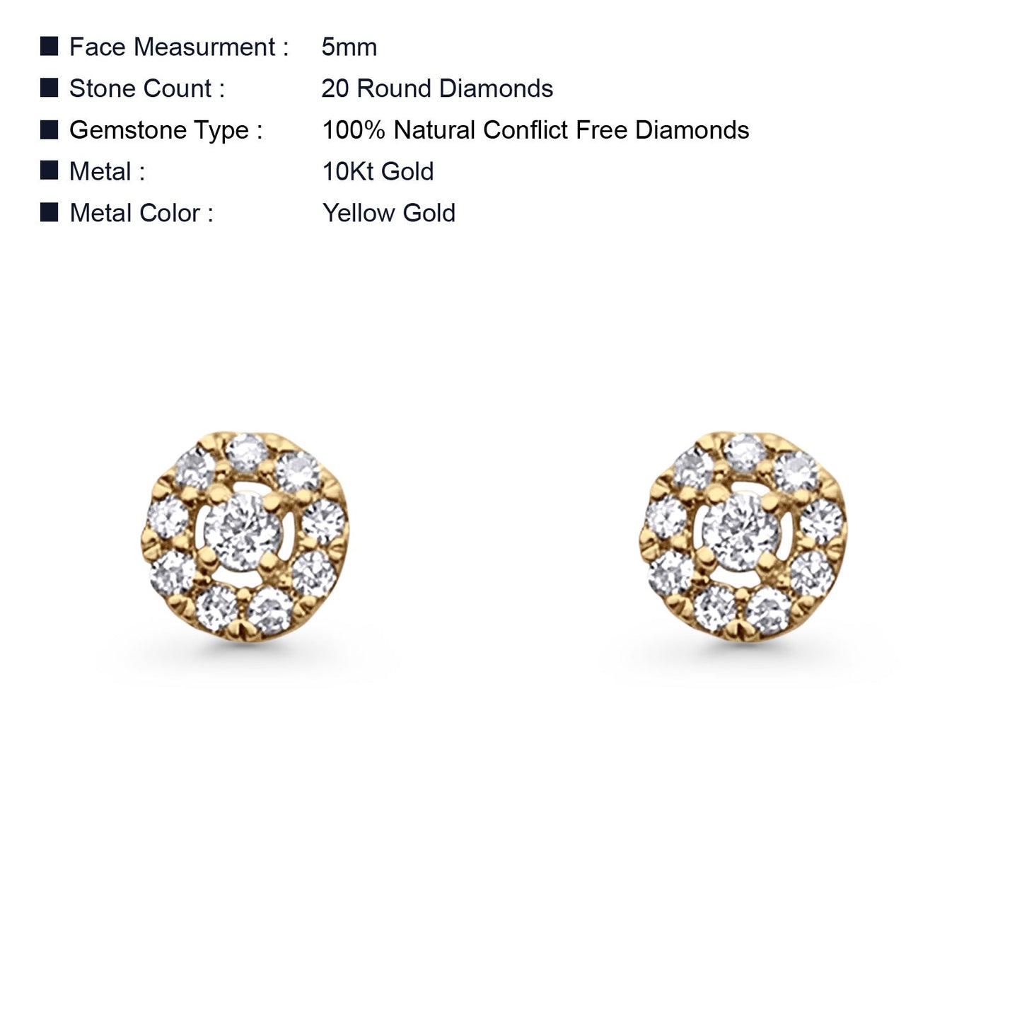 Solid 10K Yellow Gold 5mm Round Cluster Diamond Stud Earring Wholesale