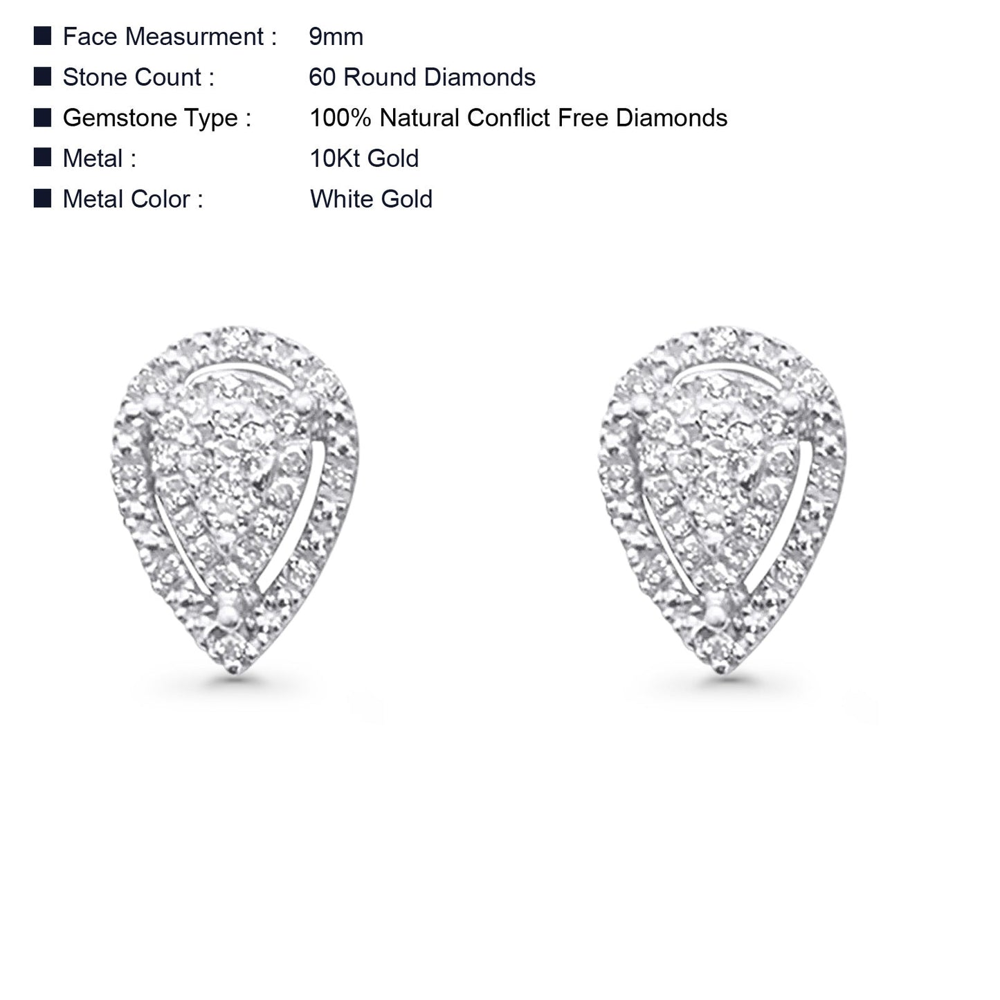 Solid 10K White Gold 9mm Teardrop Pear Shaped Round Diamond Stud Earrings Wholesale