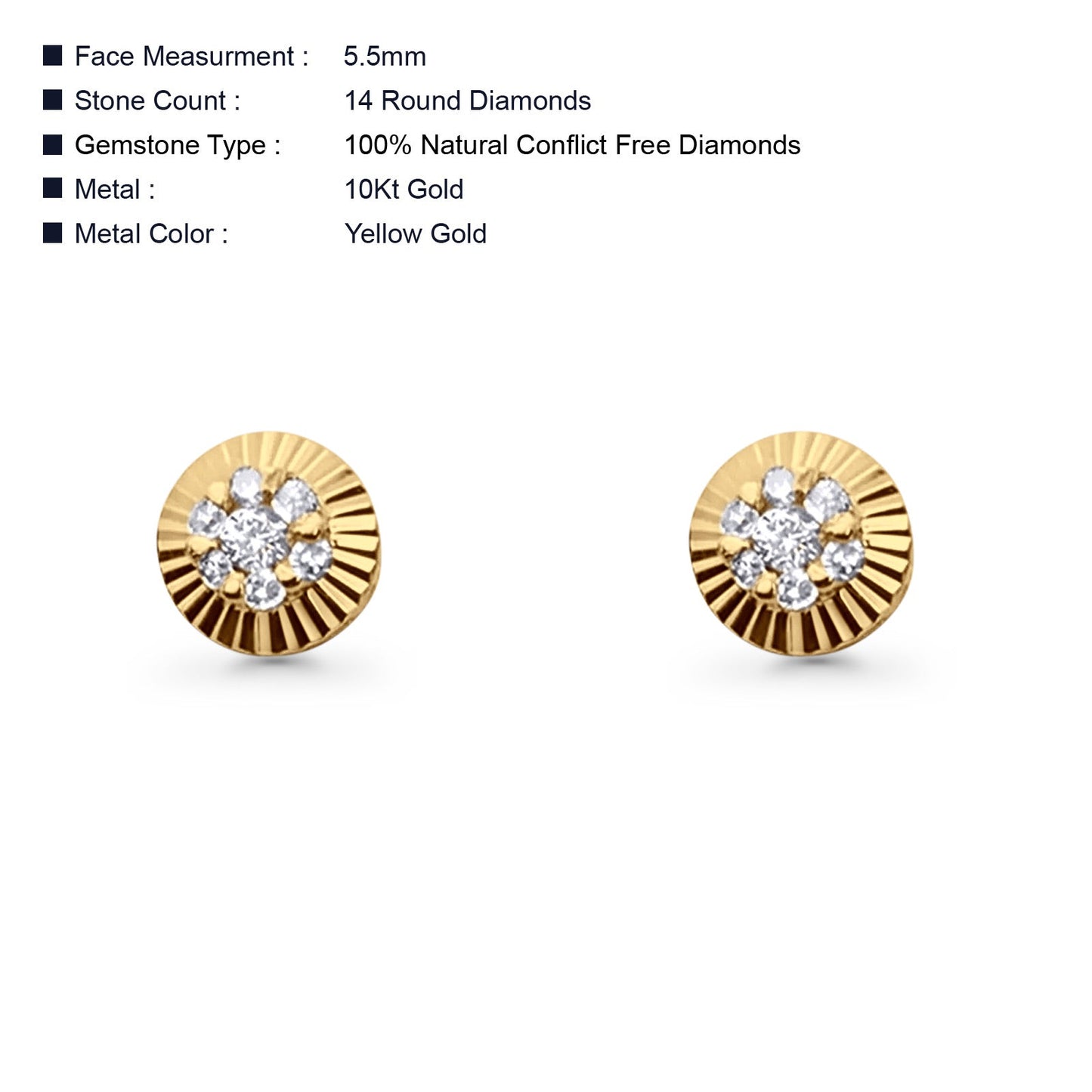 Solid 10K Yellow Gold 5.5mm Sunflower Round Diamond Stud Earring Wholesale