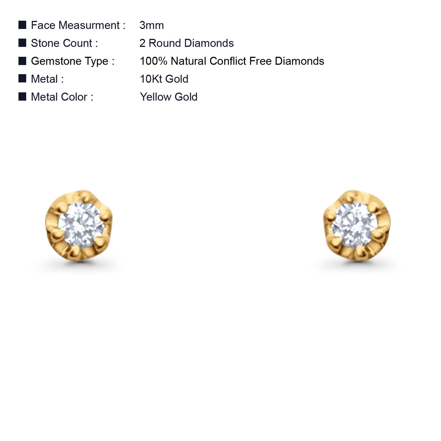 Solid 10K Yellow Gold 3mm Solitaire Round Diamond Stud Earring Wholesale