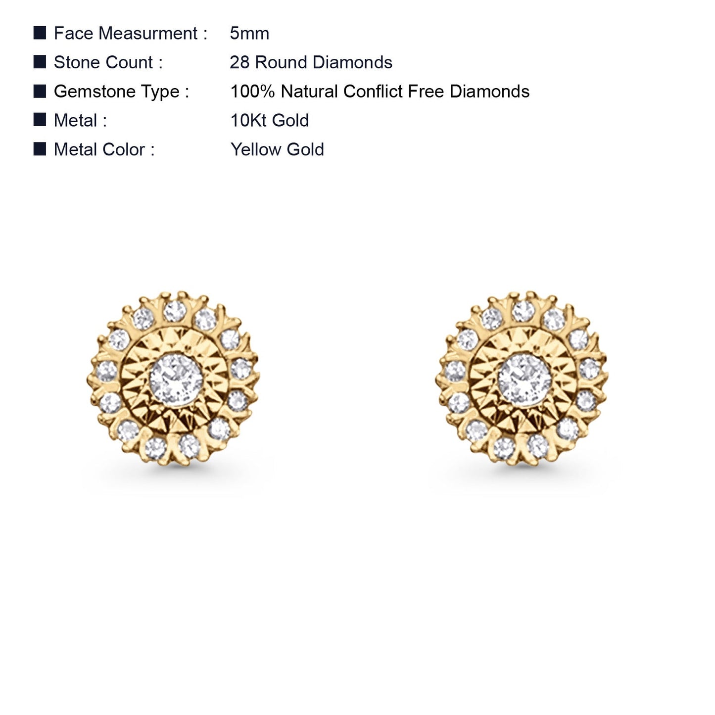 Solid 10K Yellow Gold 5mm Flower Design Round Diamond Stud Earring Wholesale