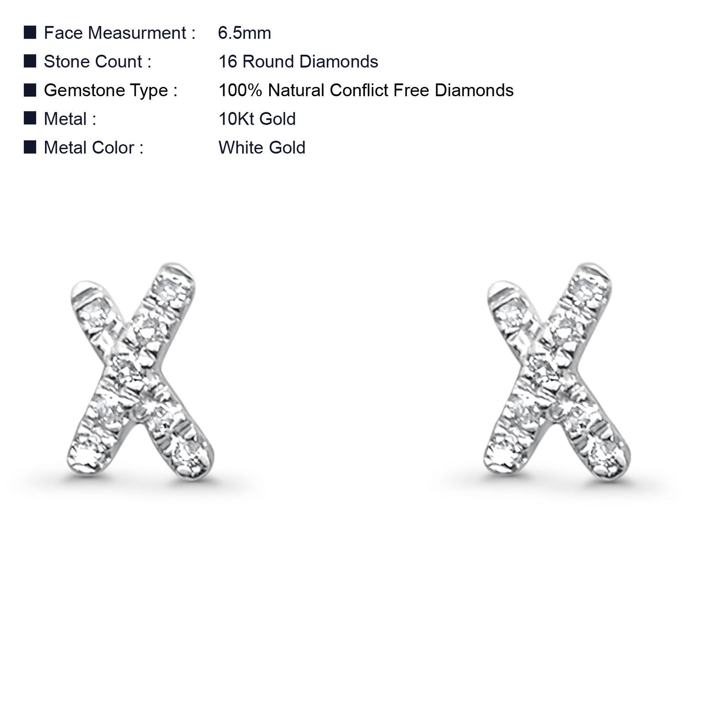 Solid 10K White Gold 6.5mm "X" Shaped Crisscross Round Diamond Stud Earrings Wholesale