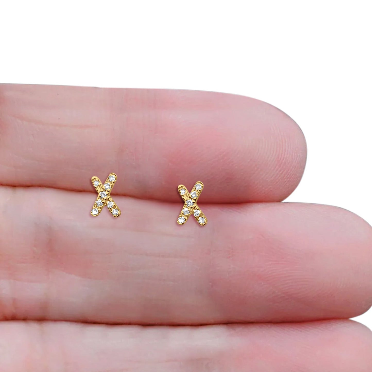 Solid 10K Yellow Gold 6.5mm "X" Shaped Crisscross Round Diamond Stud Earrings Wholesale