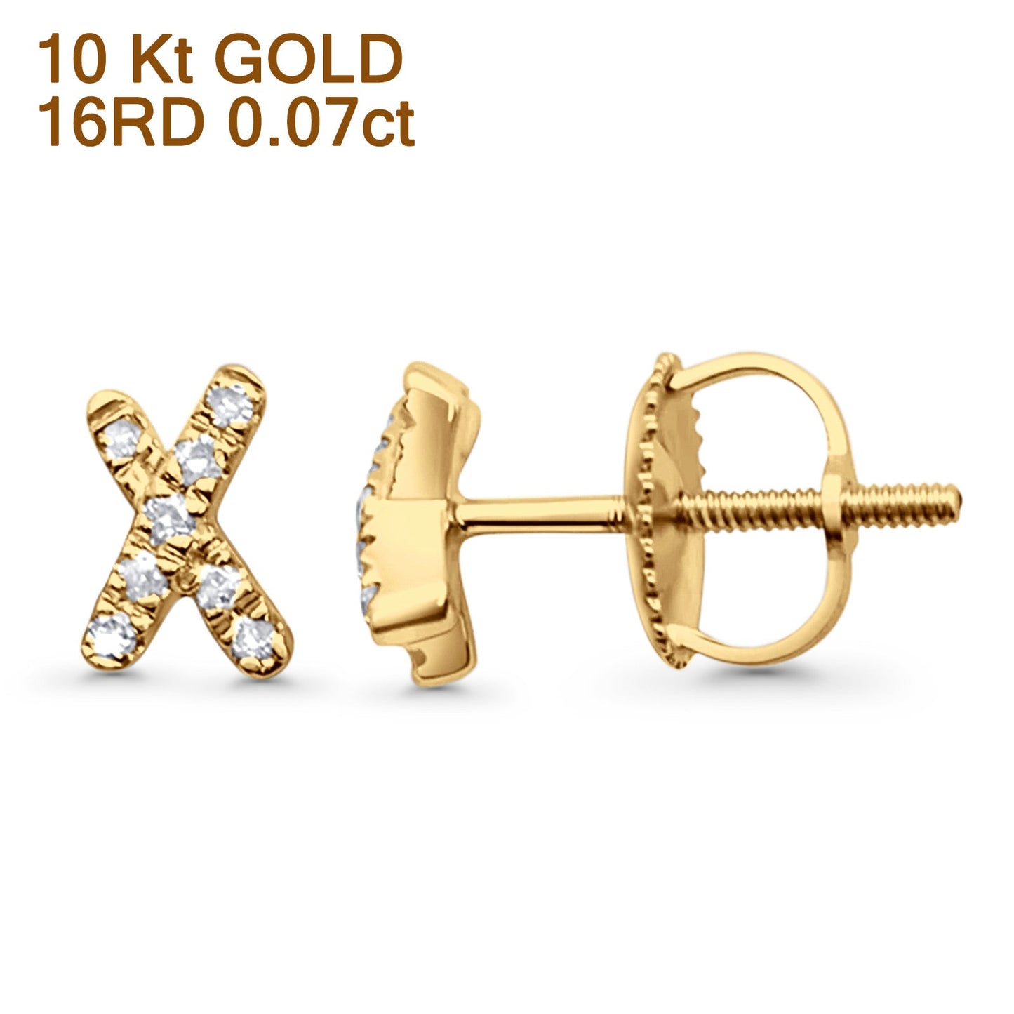 Solid 10K Yellow Gold 6.5mm "X" Shaped Crisscross Round Diamond Stud Earrings Wholesale