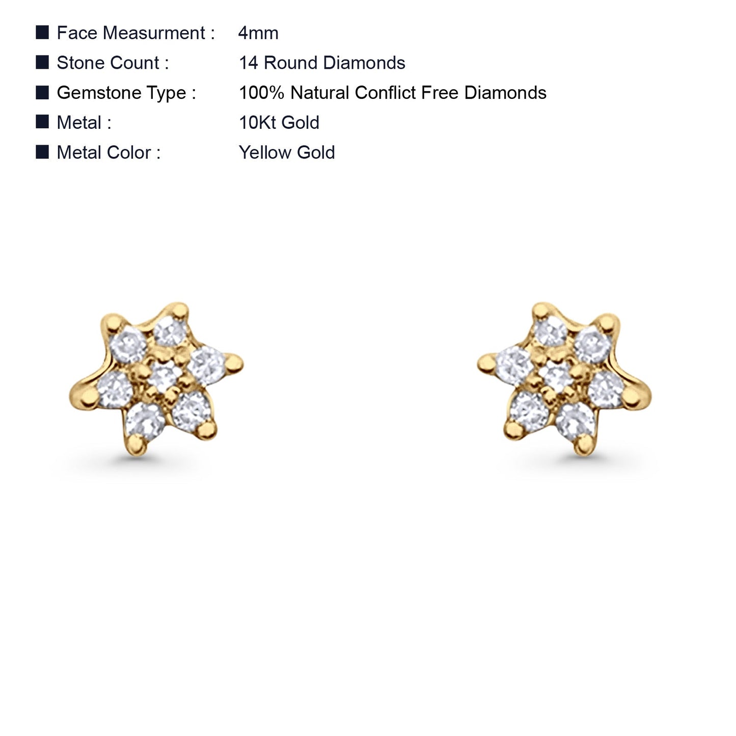 Solid 10K Yellow Gold 4mm Flower Round Hip Hop Diamond Stud Earring Wholesale