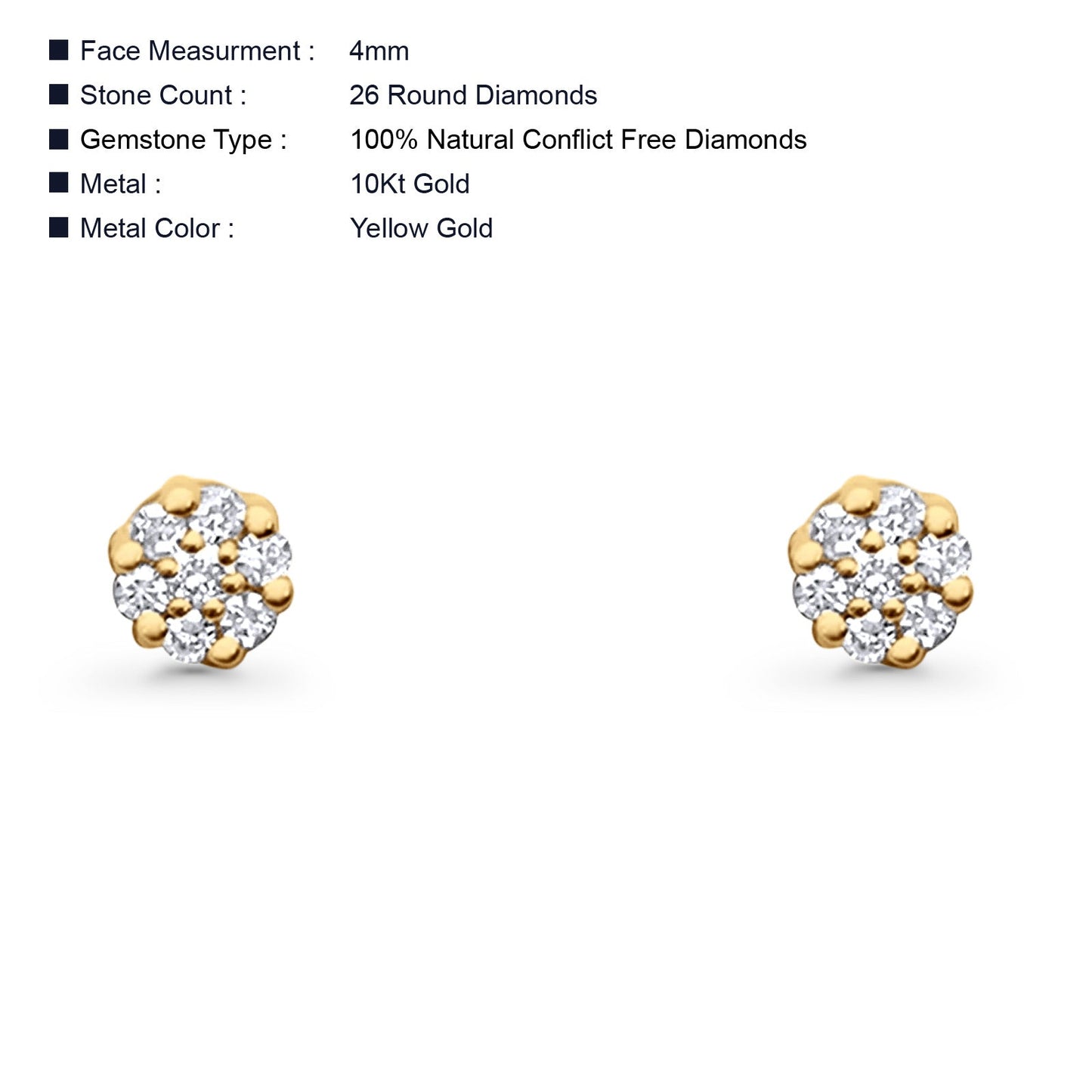 Solid 10K Yellow Gold 4mm Round Hip Hop Flower Diamond Stud Earring Wholesale