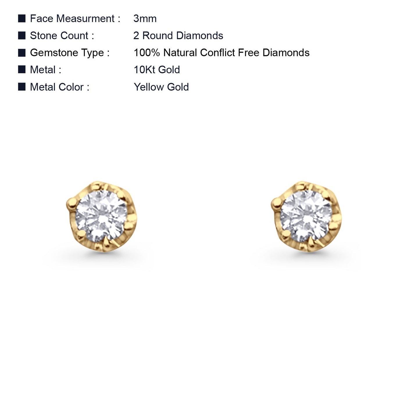 Solid 10K Yellow Gold 3mm Round Diamond Stud Minimalist Earring Wholesale