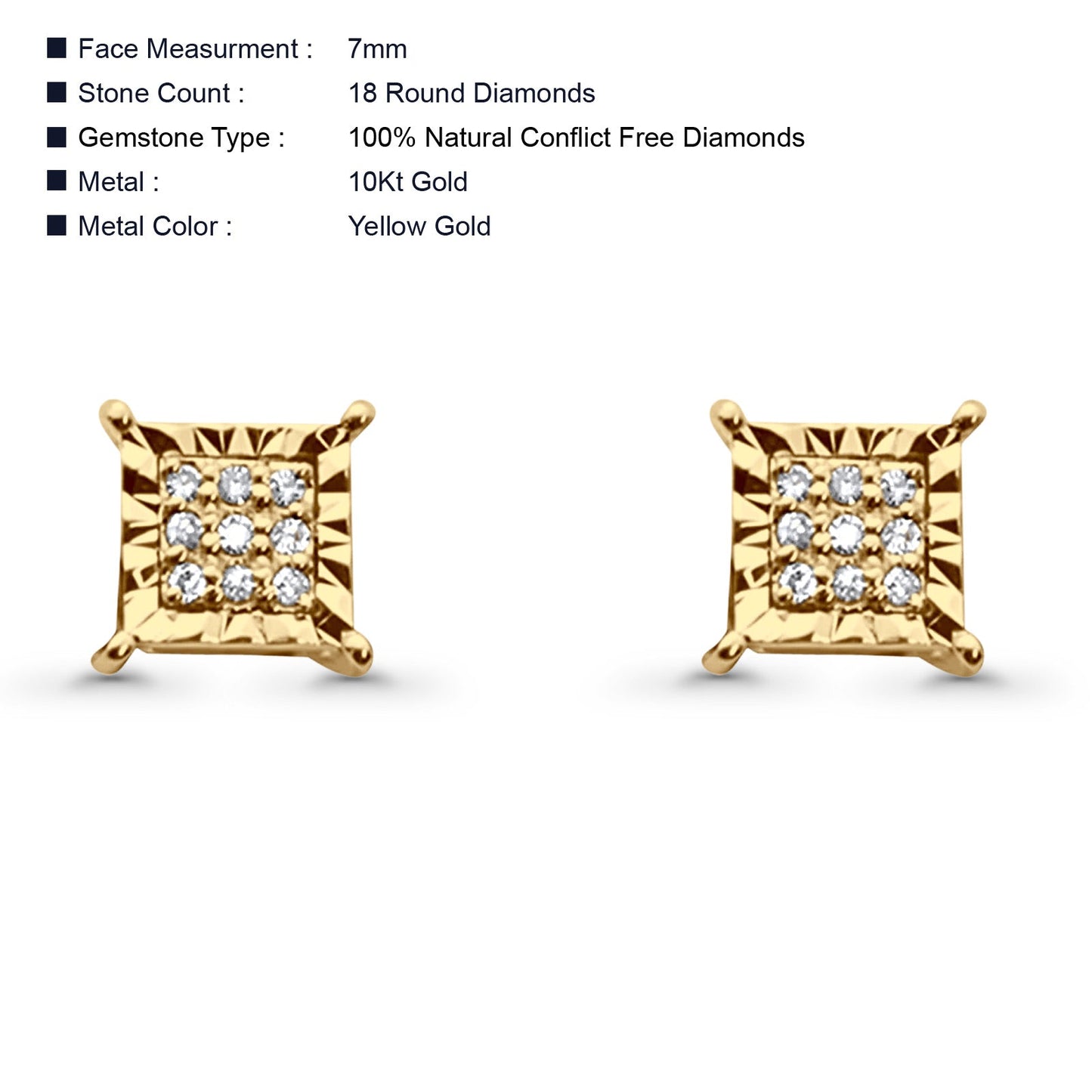 Solid 10K Yellow Gold 7mm Square Shaped Round Diamond Stud Earring Wholesale