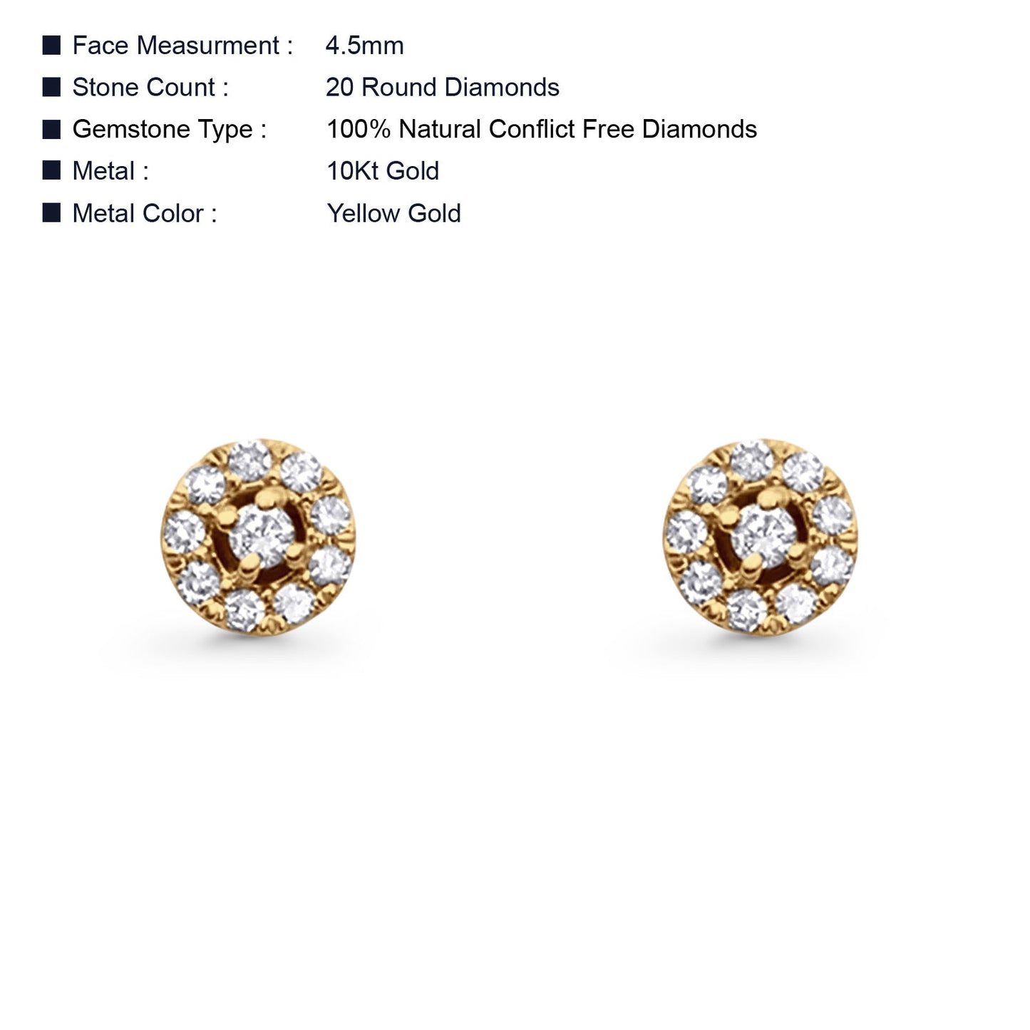 Solid 10K Yellow Gold 4.5mm Round Diamond Stud Minimalist Earring Wholesale