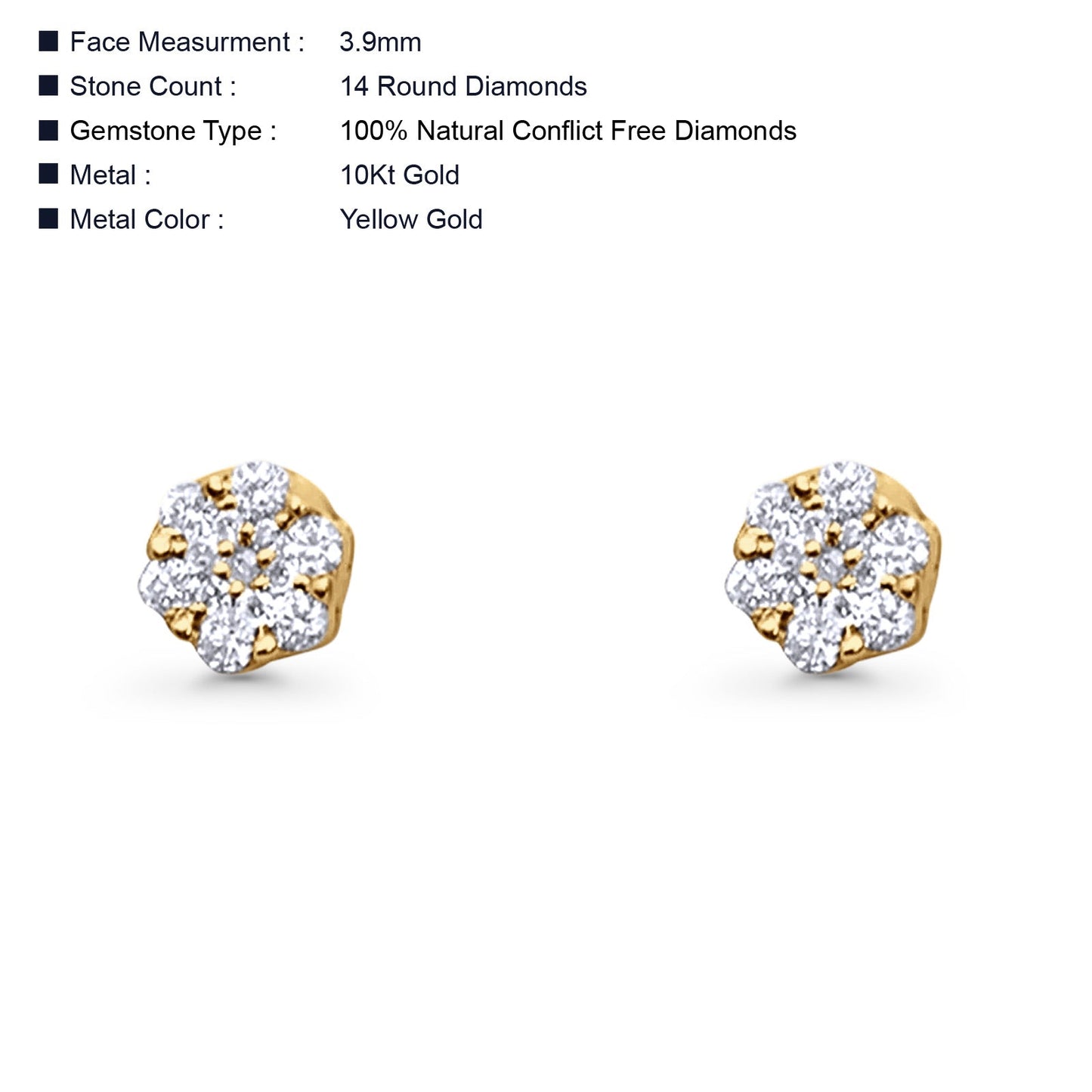 Solid 10K Yellow Gold 3.9mm Flower Round Diamond Stud Earring Wholesale