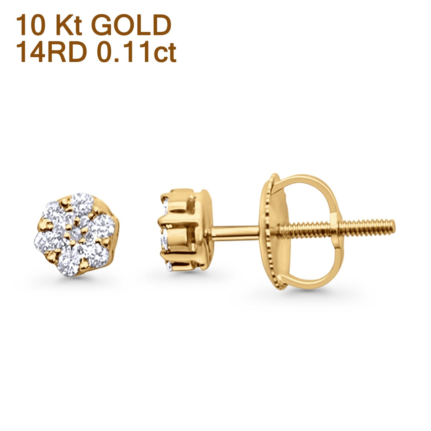 Solid 10K Yellow Gold 3.9mm Flower Round Diamond Stud Earring Wholesale