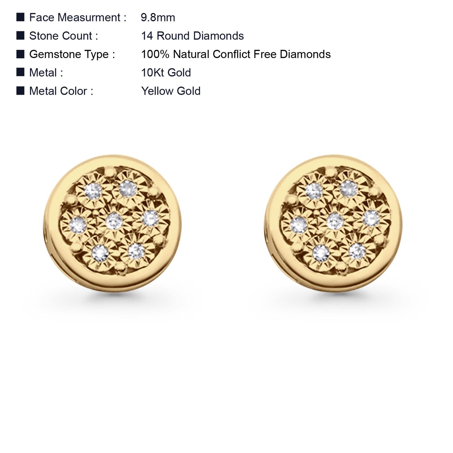 Solid 10K Yellow Gold 9.8mm Round Flower Pave Diamond Stud Earring Wholesale