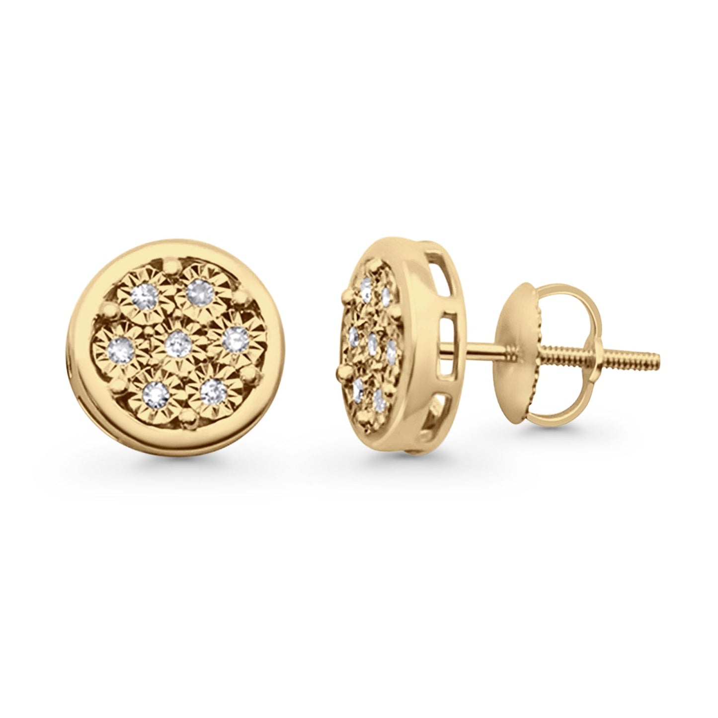 Solid 10K Yellow Gold 9.8mm Round Flower Pave Diamond Stud Earring Wholesale