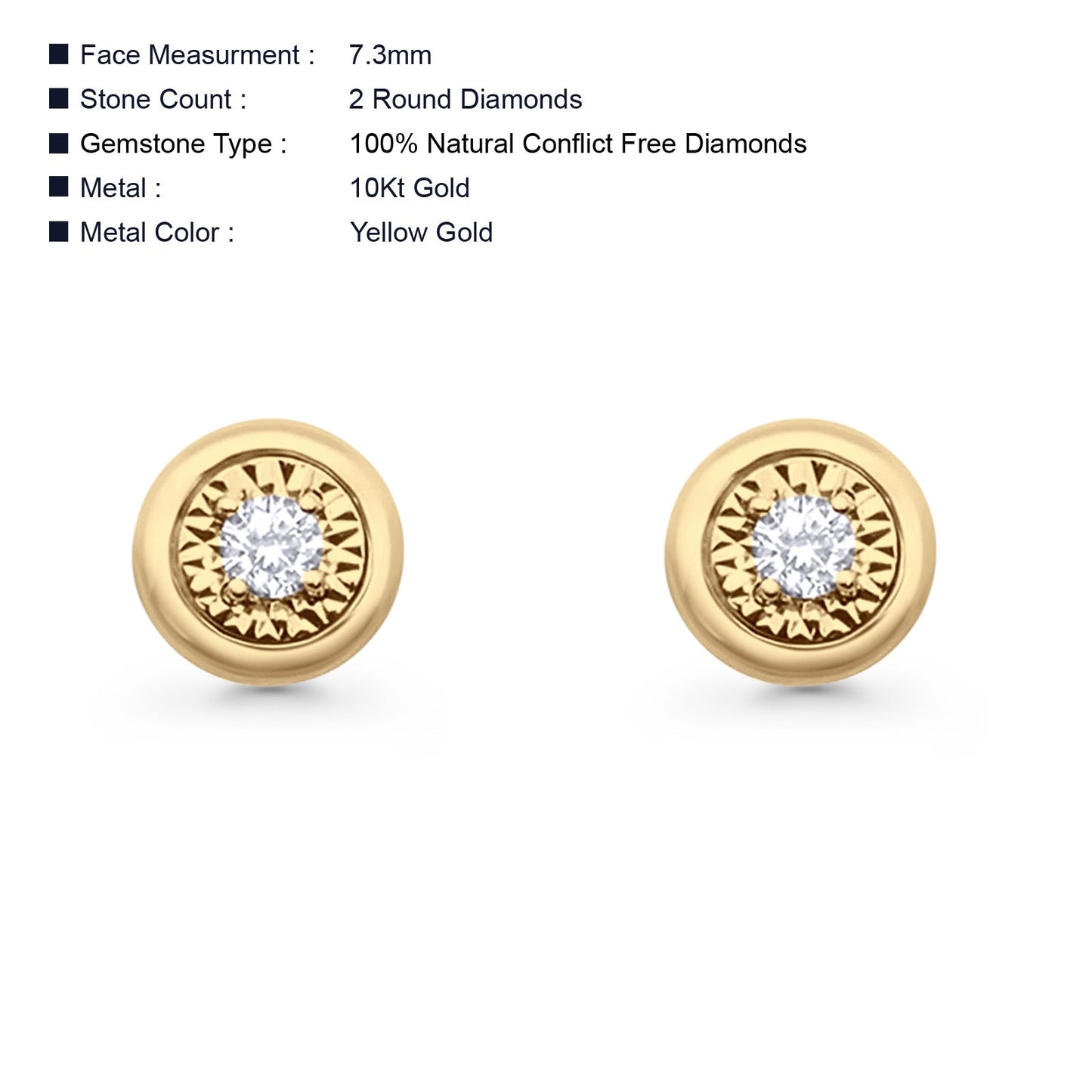 Solid 10K Yellow Gold 7.3mm Fashion Hip Hop Round Diamond Stud Earring Wholesale