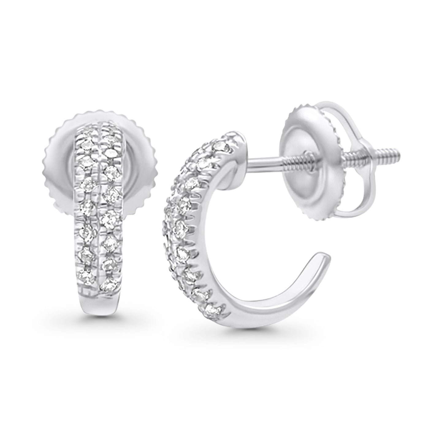 Solid 10K White Gold 11.6mm "J" Shaped Round Diamond Hoop Earrings Wholesale