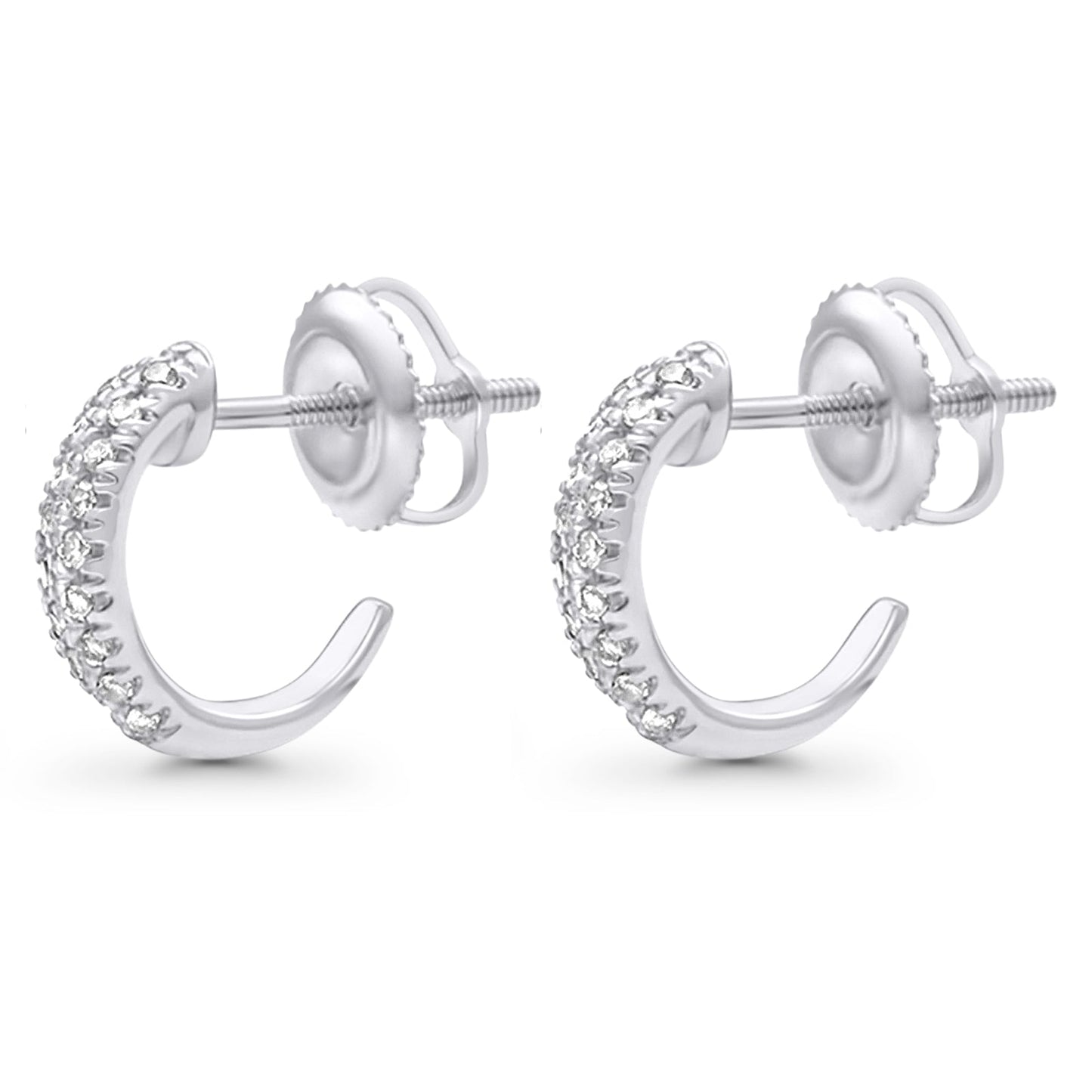 Solid 10K White Gold 11.6mm "J" Shaped Round Diamond Hoop Earrings Wholesale