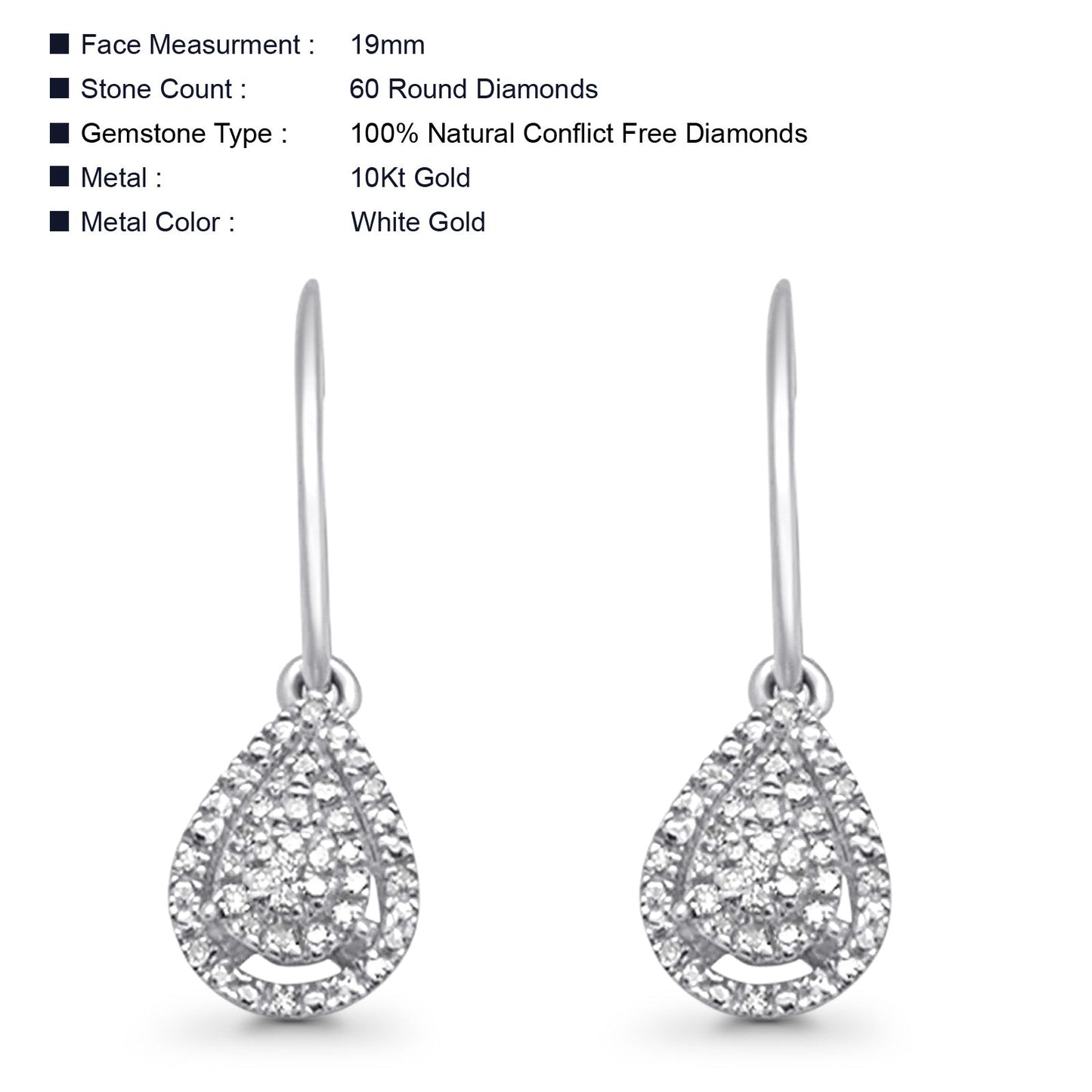 Solid 10K White Gold 19mm Teardrop Pear Shaped Round Diamond Dangling Earrings Wholesale