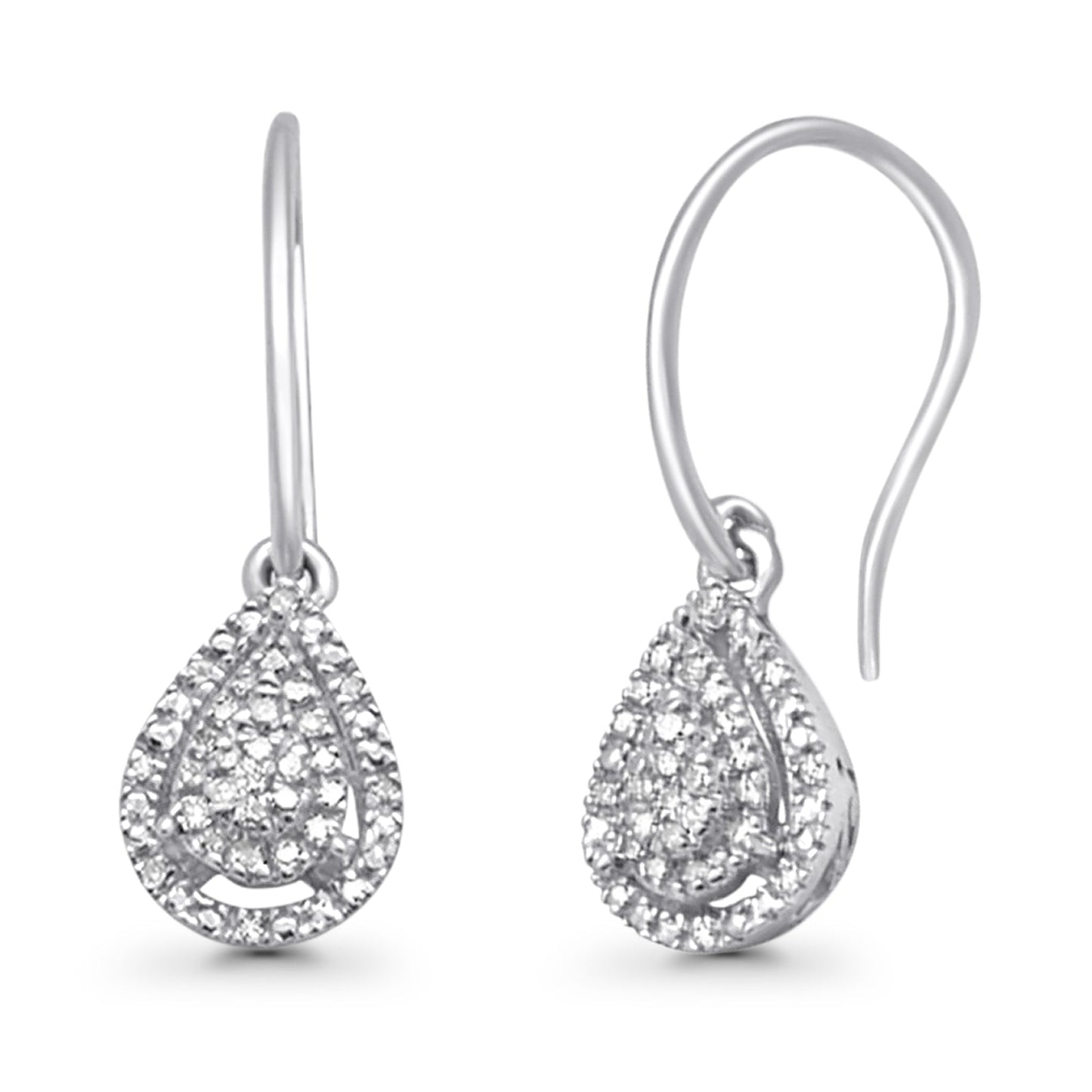 Solid 10K White Gold 19mm Teardrop Pear Shaped Round Diamond Dangling Earrings Wholesale