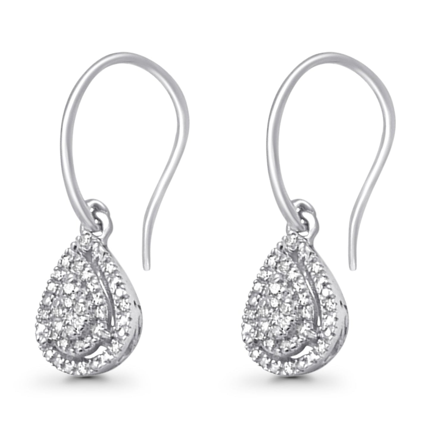 Solid 10K White Gold 19mm Teardrop Pear Shaped Round Diamond Dangling Earrings Wholesale