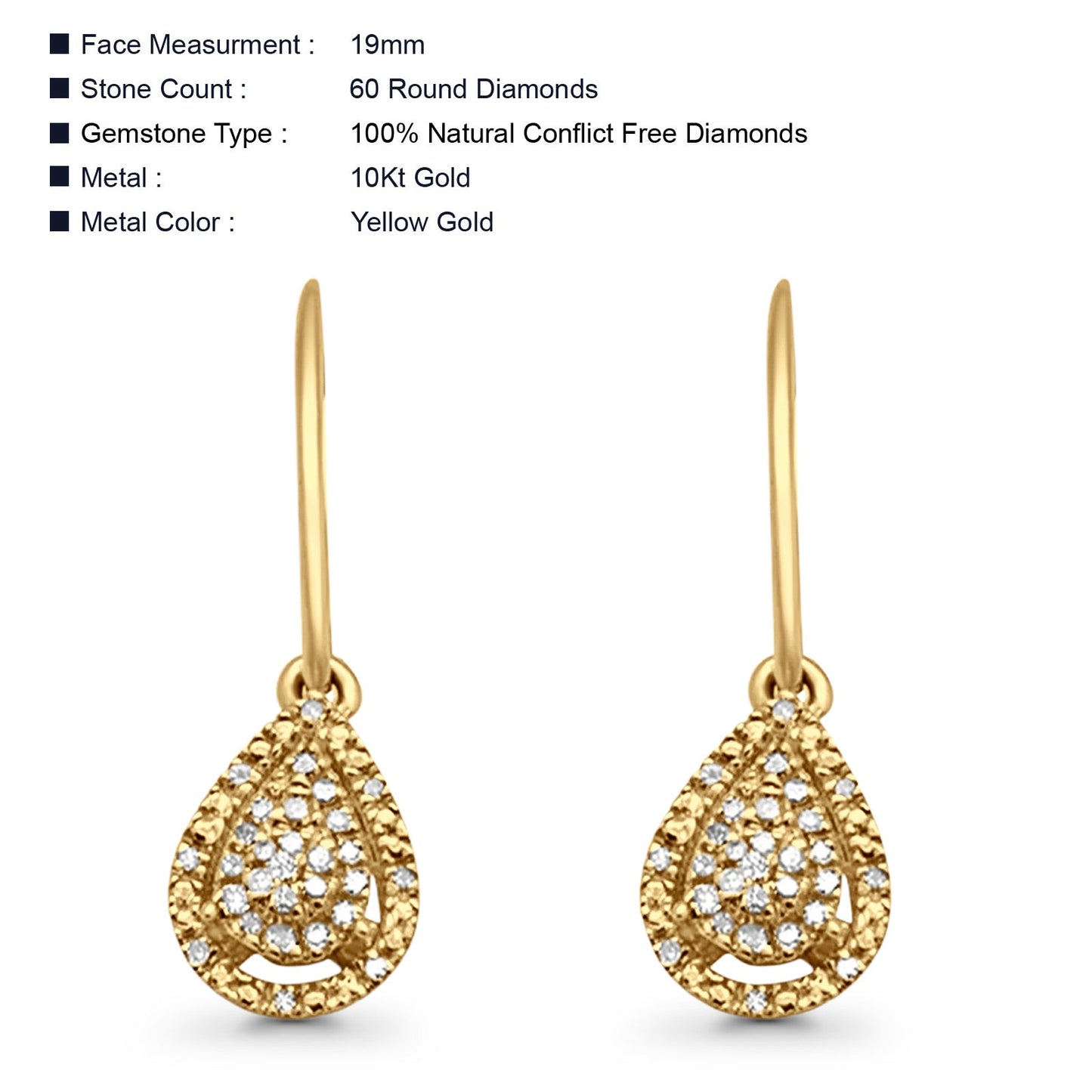 Solid 10K Yellow Gold 19mm Teardrop Pear Shaped Round Diamond Dangling Earrings Wholesale