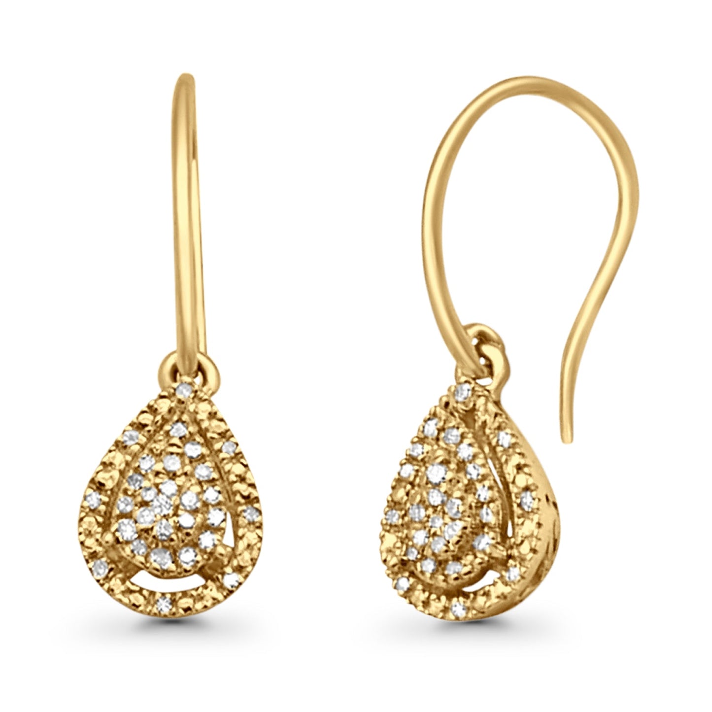 Solid 10K Yellow Gold 19mm Teardrop Pear Shaped Round Diamond Dangling Earrings Wholesale