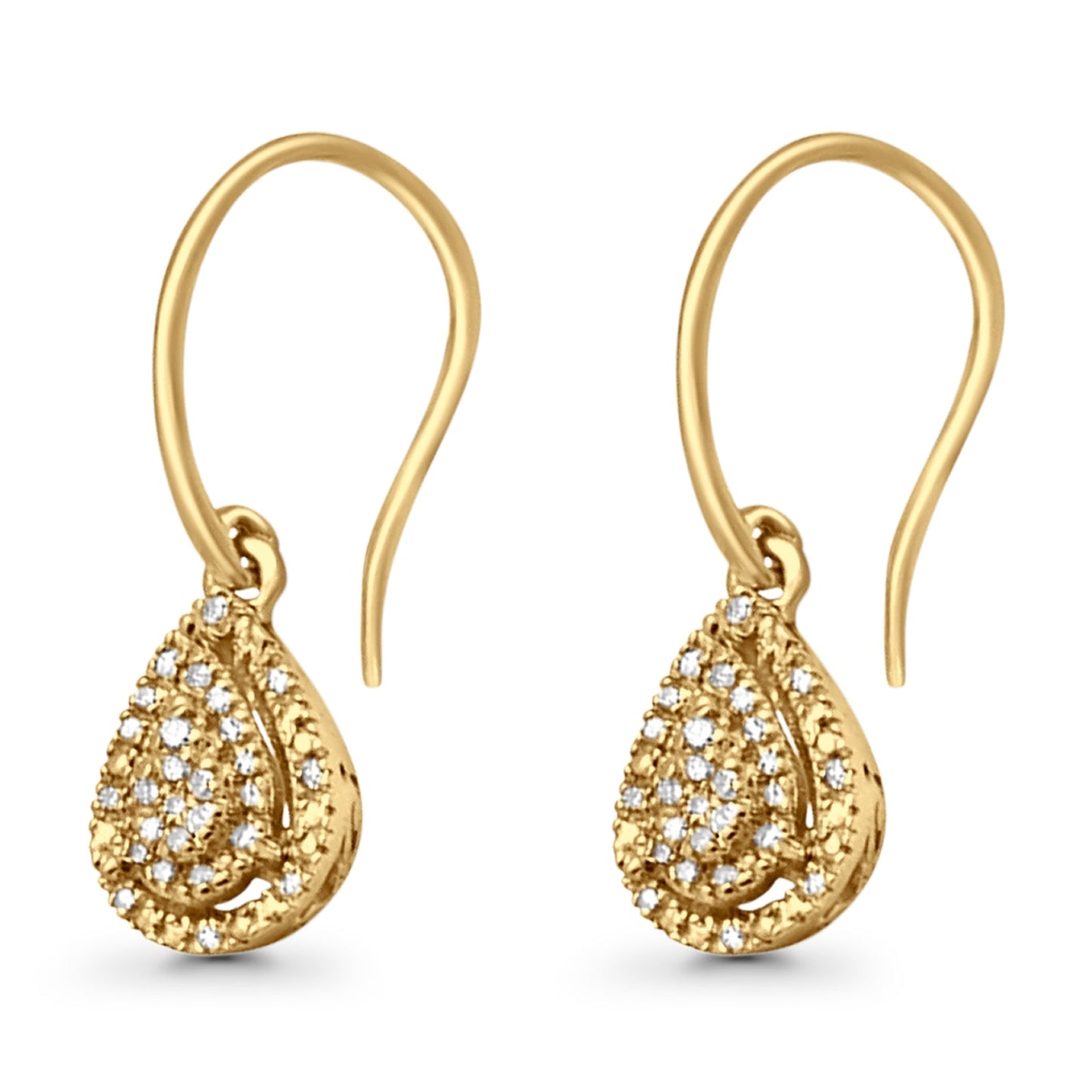 Solid 10K Yellow Gold 19mm Teardrop Pear Shaped Round Diamond Dangling Earrings Wholesale