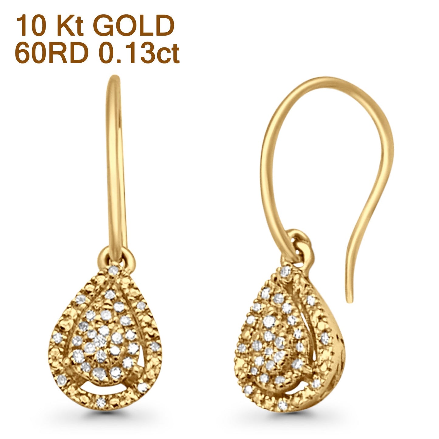 Solid 10K Yellow Gold 19mm Teardrop Pear Shaped Round Diamond Dangling Earrings Wholesale