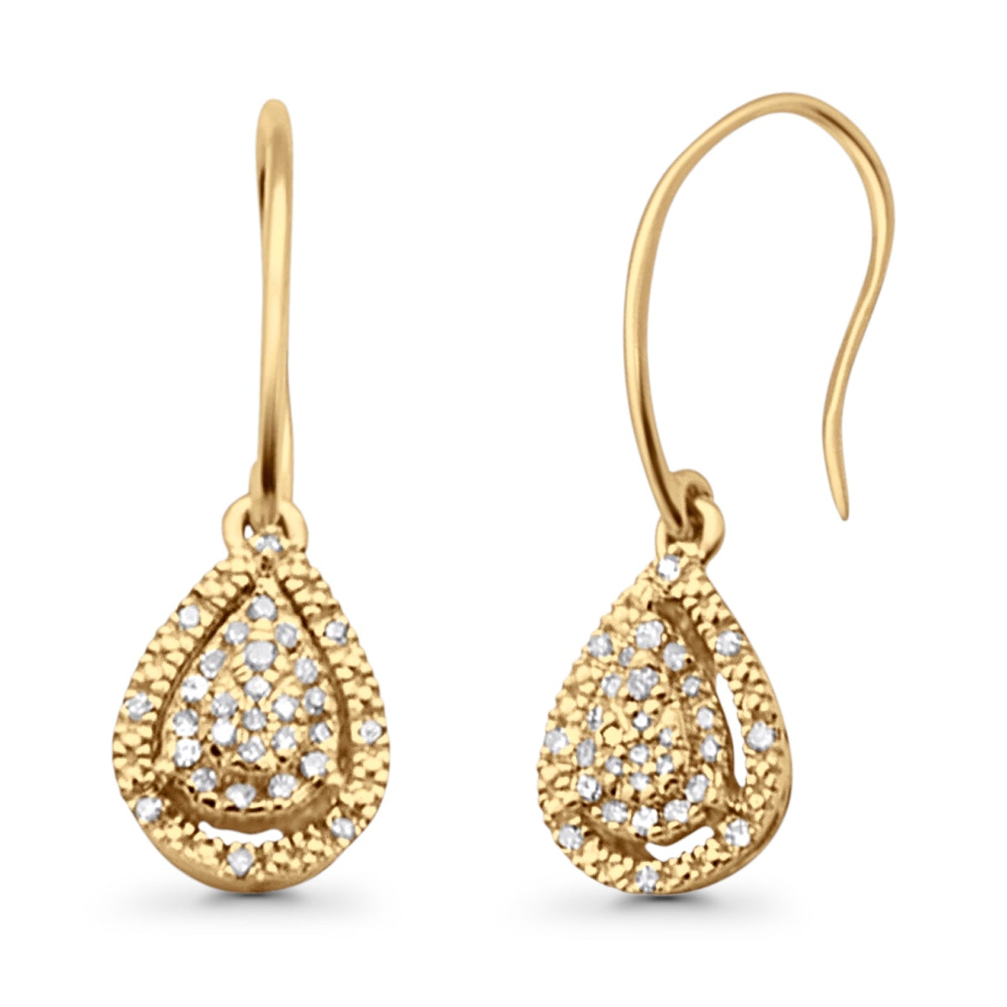 Solid 10K Yellow Gold 19mm Pear Shaped Teardrop Round Diamond Dangling Earrings Wholesale