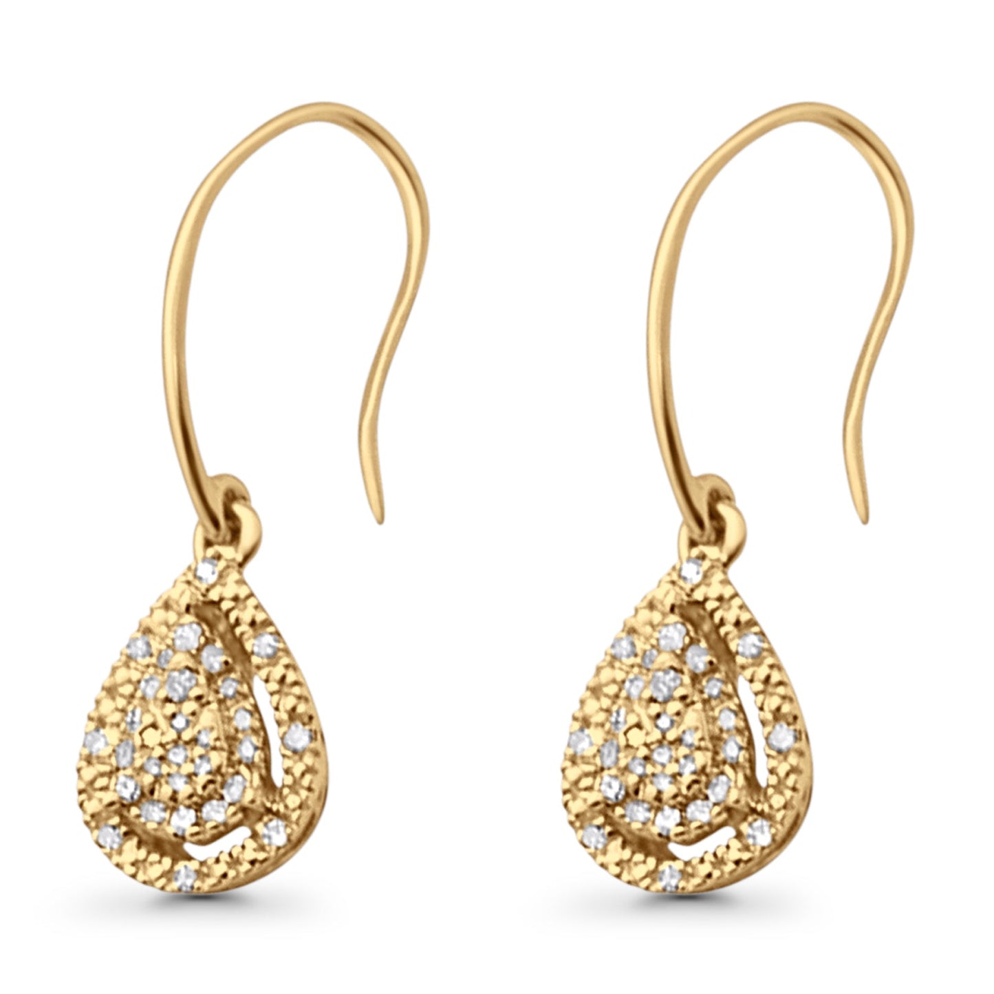 Solid 10K Yellow Gold 19mm Pear Shaped Teardrop Round Diamond Dangling Earrings Wholesale